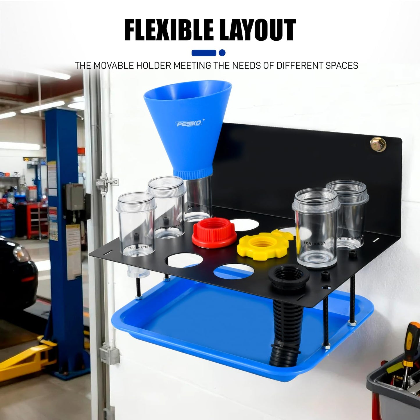 PESIKO Engine Oil Funnel Kit, No Spill Oil Change Funnel Kity with A Fixed Metal Storage Shelf Compatible with Toyota, GM, Honda, Subaru, Ford, Jeep and European, Etc