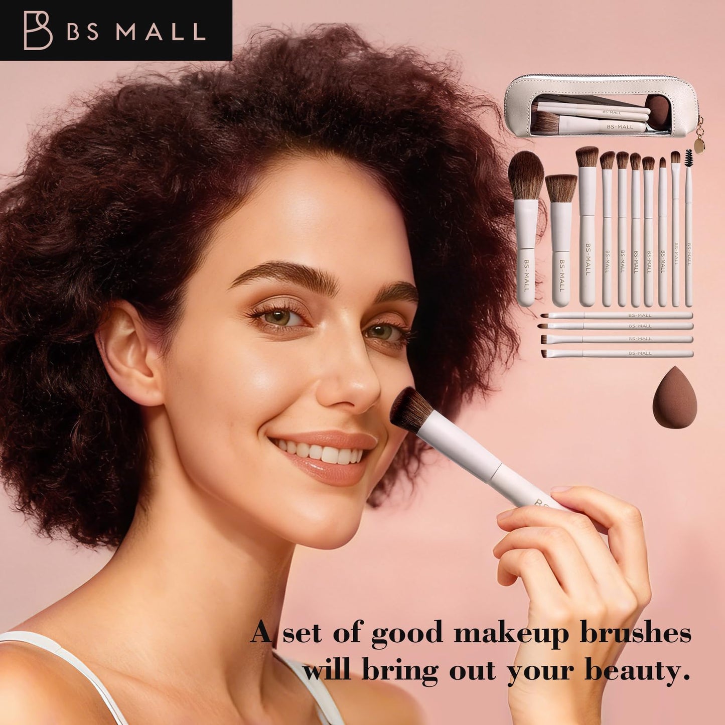 BS-MALL 14 Pcs Makeup Brushes Set with 1 Pcs Makeup Sponge – Essential Foundation Powder Concealers, Eye Shadows, Blush Makeup Brushes with Travel Makeup Case (Beige)
