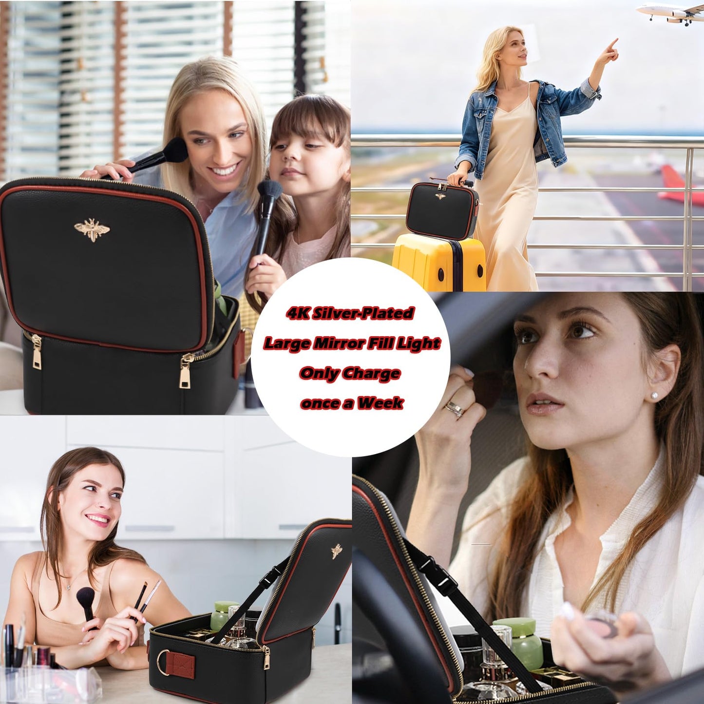 GIUWESOY Travel Makeup Bag with Light Up Mirror, Portable Makeup Bag with Led Light Women Waterproof Makeup Travel Case adjustable dividers Rechargeable Vanity Mirror with 3 Color Lights (Black)
