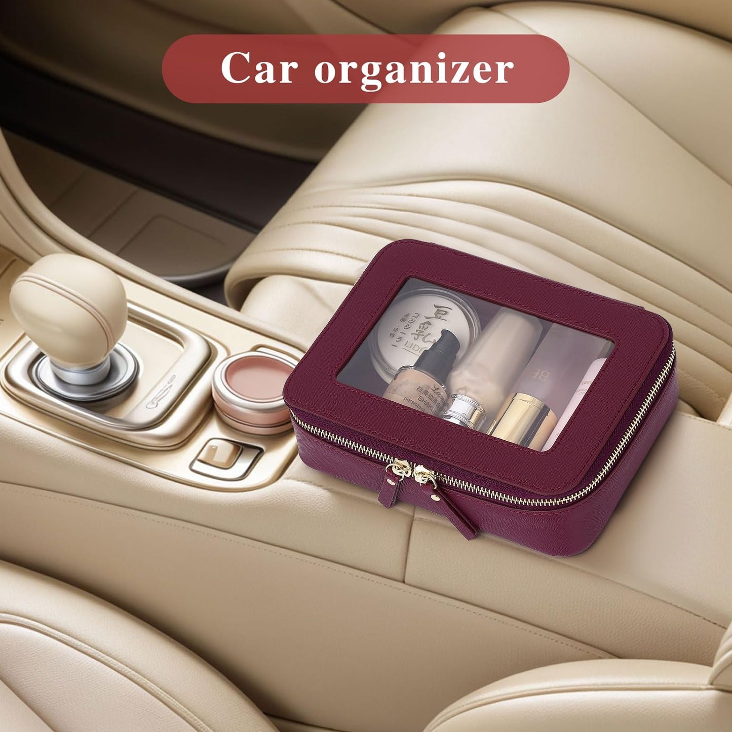 LOFOWN Travel Makeup Set Waterproof Transparent Cosmetic Bag and Toiletry Bag Makeup Brush case with Zipper Car Essentials for Women (Burgundy, L+M+SLIM)