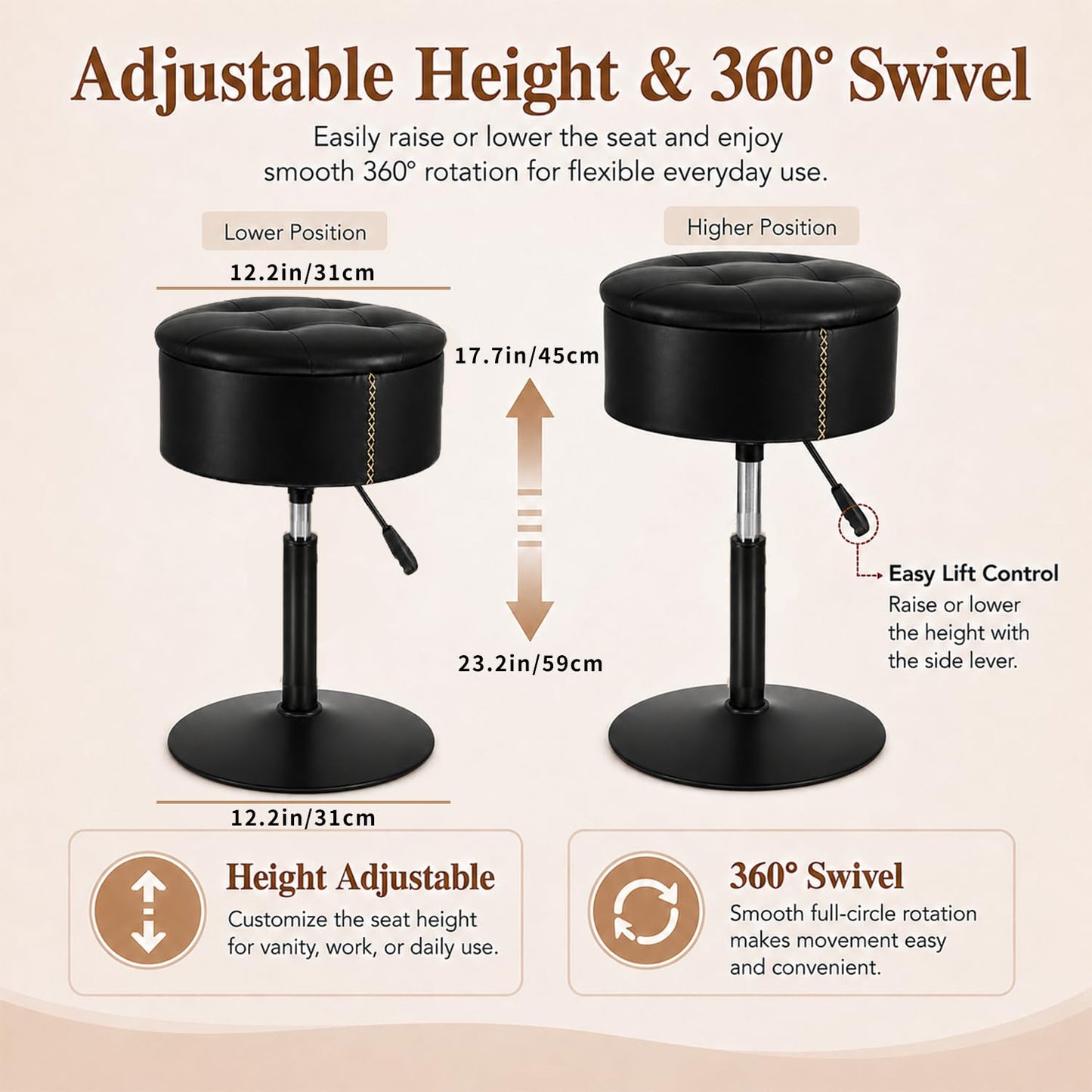 ACEQLYT 2 in 1 Adjustable Storage Vanity Stool with Flip-Over Wood Tray, 360° Swivel Vanity Chair with Storage, Small Round Makeup Stool for Vanity, Black PU Leather