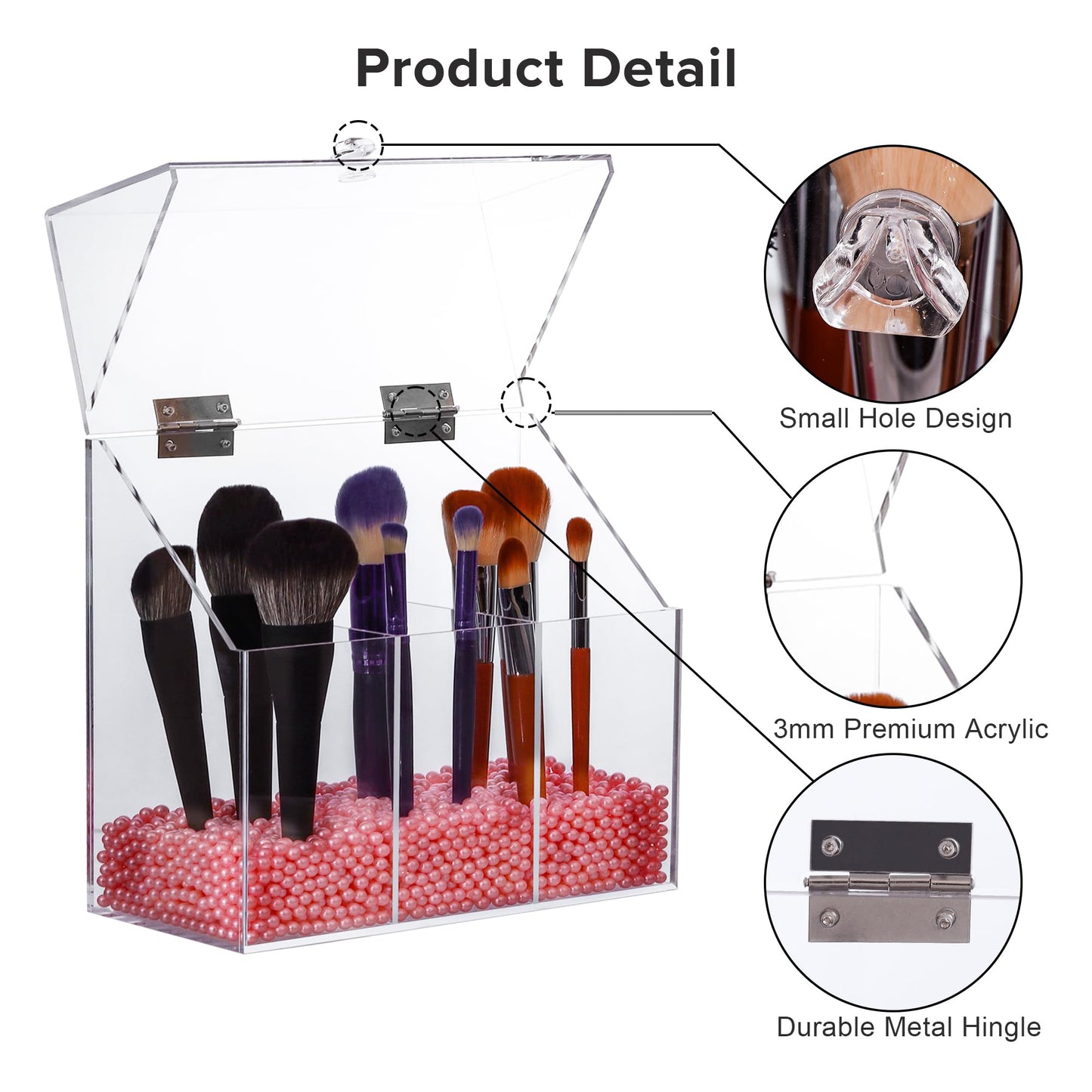 LOHRYVIO Acrylic Makeup Brush Holder with Lid - Clear Cosmetic Make up Brush Organizer and Storage Box with Dustproof Cover for Vanity - Large Capacity 3-Slots Container for Brushes (White)