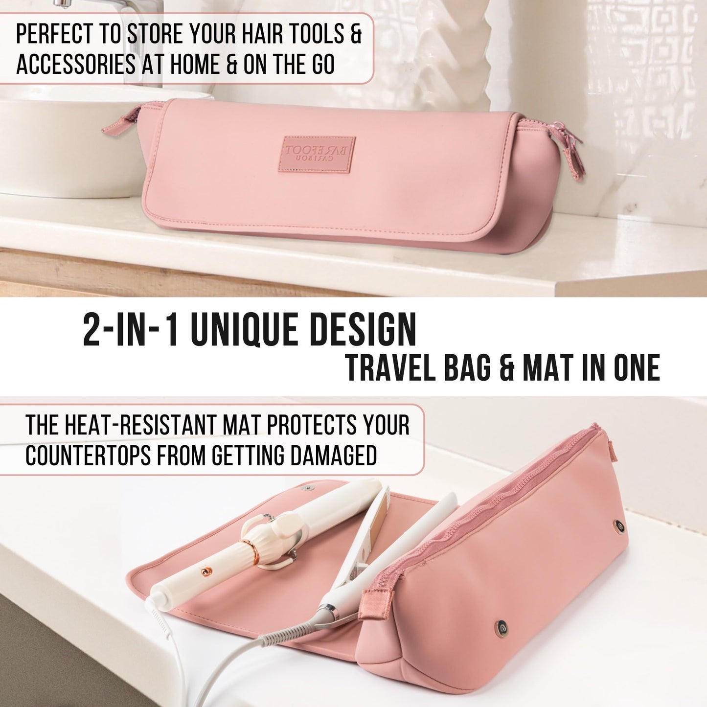 BAREFOOT CARIBOU Hair Tools Travel Bag and Heat Resistant Mat (15.5") for Flat Irons, Straighteners, Curling Iron, and Haircare Accessories, 2-in-1 design, Interior Pockets, Portable Organizer (Dune)