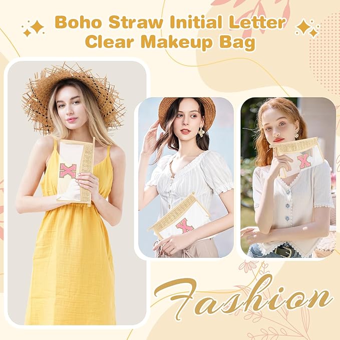 Small Boho Straw Initial Letter Makeup Bag Personalized Gift ,Cute Clear Chenille Patch Makeup Bag With Zipper,Trendy TSA Approved Travel Toiletry Bag,Gift for Women Girls Birthday Friend, Letter X