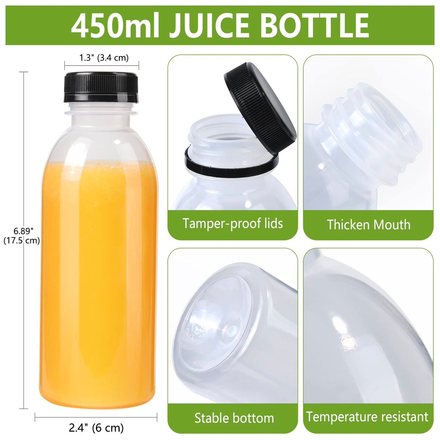 zmybcpack 12 Pack 450ml (Approach 16 OZ) PP Heat-Resistant Plastic Juice Bottles With Caps-Plastic Smoothie Bottles-Reusable Bulk Beverage Containers with Lids For Juice, Beverage(Dishwasher Safe)