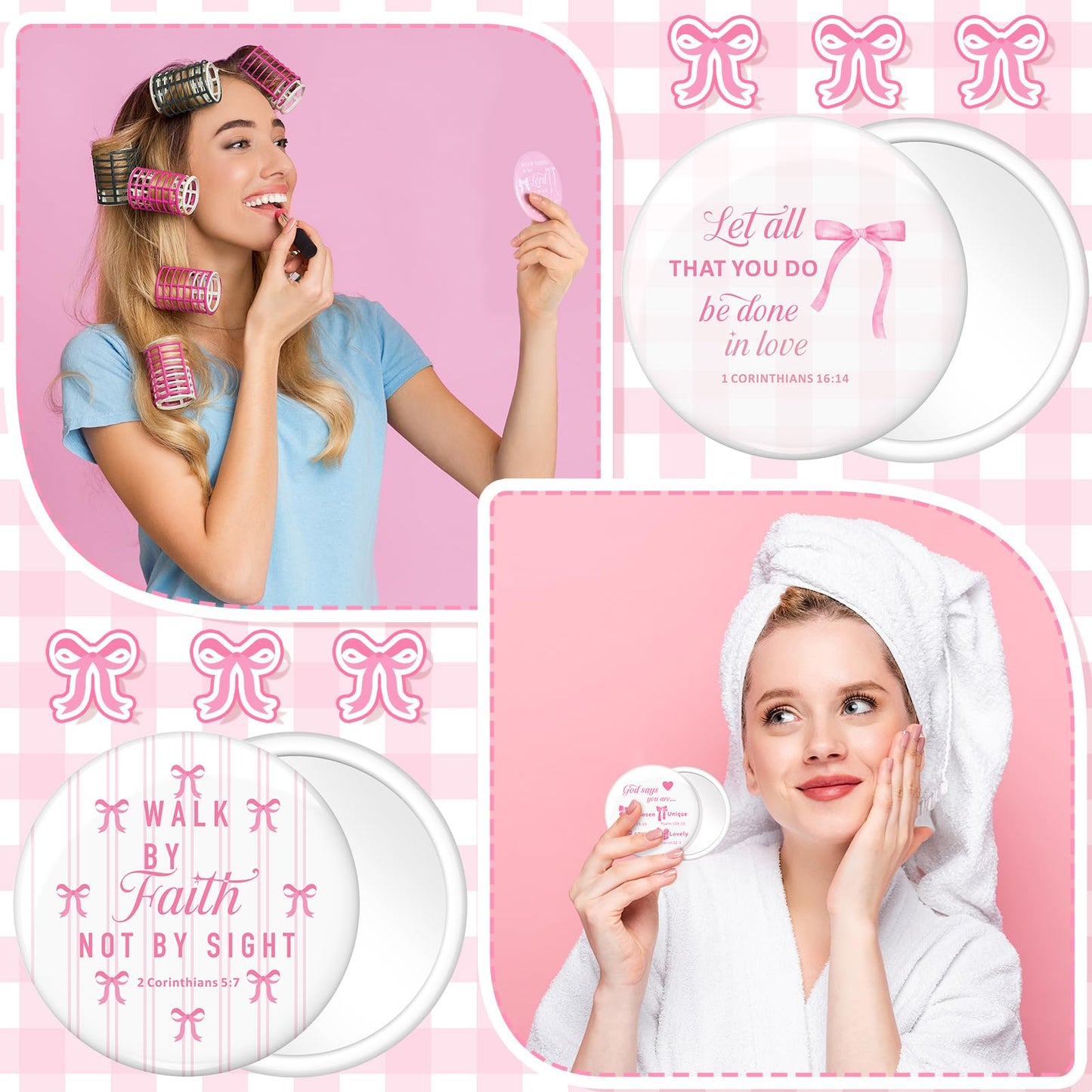 Namalu 48 Pcs Pink Bow Party Favors Pink Bow Coquette Mini Pocket Mirrors Inspirational Christian Gifts Bulk for Women Portable Round Makeup Mirror Church Religious(Bible Verse)