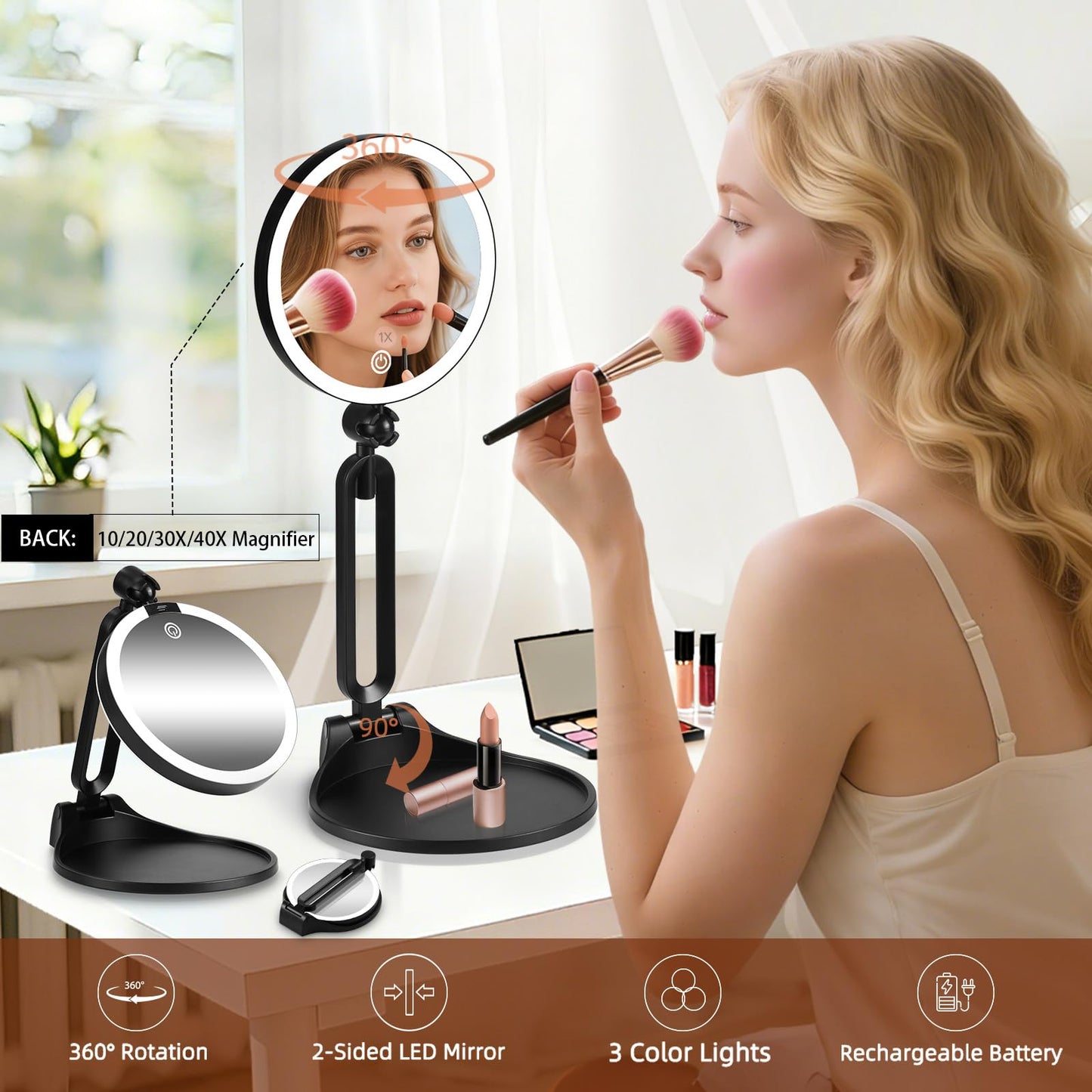 Travel Makeup Mirror with Lights,6" Portable Lighted Vanity Mirrors for Desk/Travel,1X+40X Double Sided Dimming LED Mirror with Adjustable Foldable Stand,Powerful Magnifying Only for Details Checking