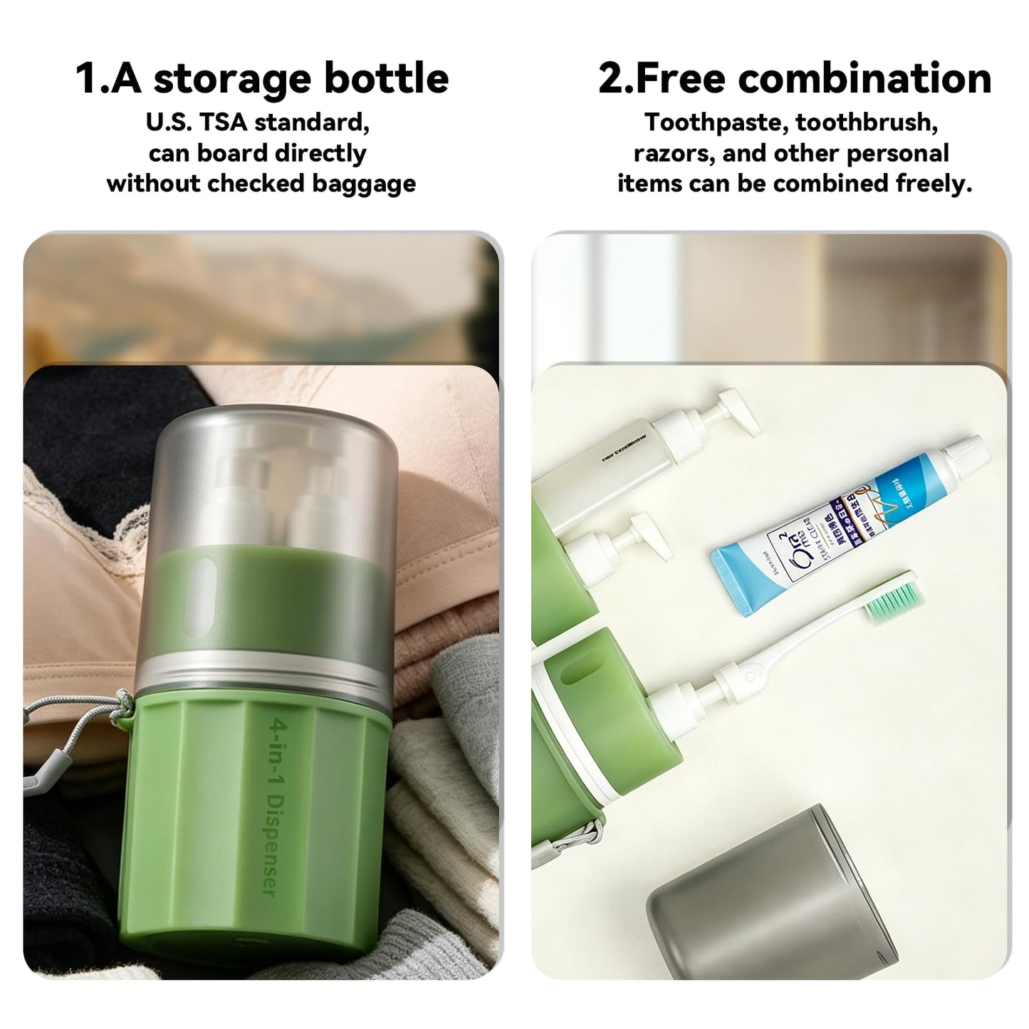 MORMID 4 in 1 Travel Dispenser，Unbreakable Silicone Travel Dispenser Bottle, Vacuum Suction Wall Mounted Refillable Containers,Leakproof Toiletry Containers for Shampoo, Lotion, Baby Care-Green.