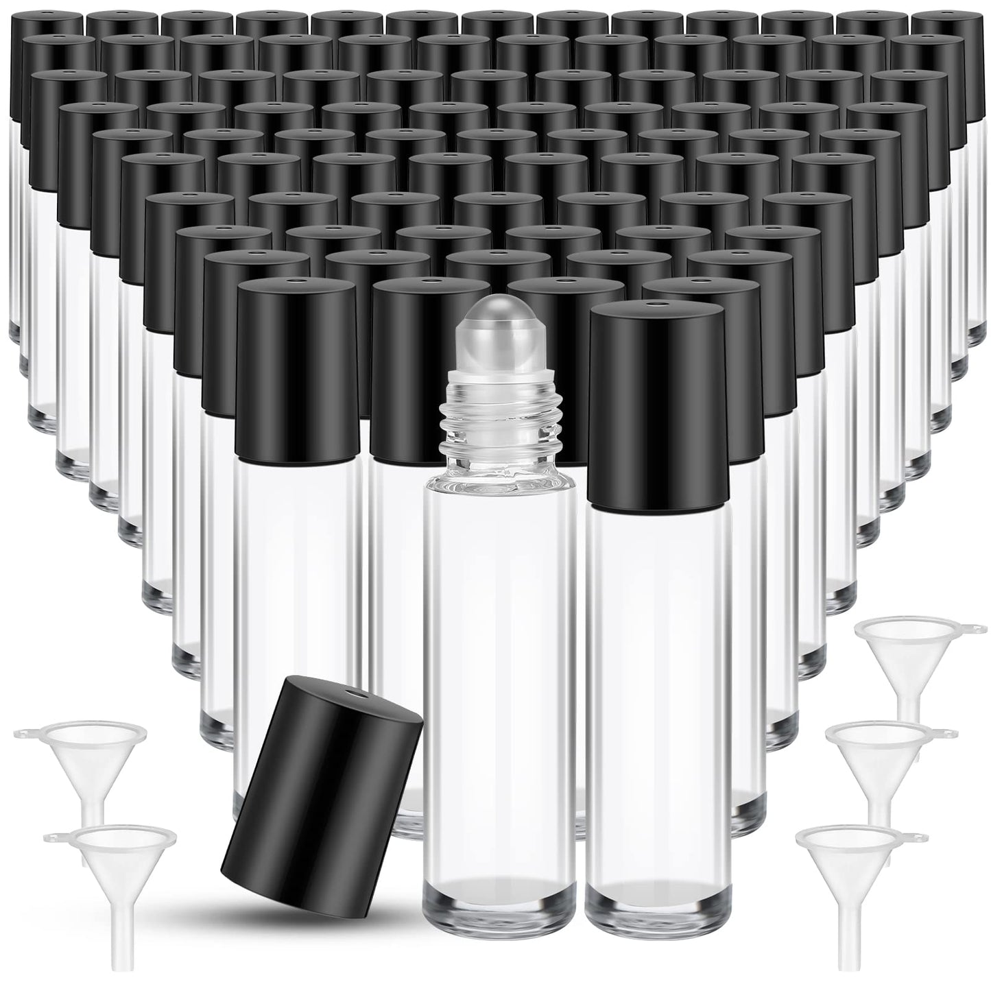 SEEWEY 96 Pcs Essential Oil Roller Bottles 10ml Empty Glass Roller Bottles with Stainless Steel Balls Protection Leakproof with 5 Funnel for Travel Perfume Lip Gloss (Clear, Black Lid)