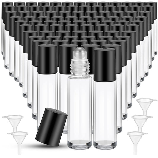 SEEWEY 96 Pcs Essential Oil Roller Bottles 10ml Empty Glass Roller Bottles with Stainless Steel Balls Protection Leakproof with 5 Funnel for Travel Perfume Lip Gloss (Clear, Black Lid)