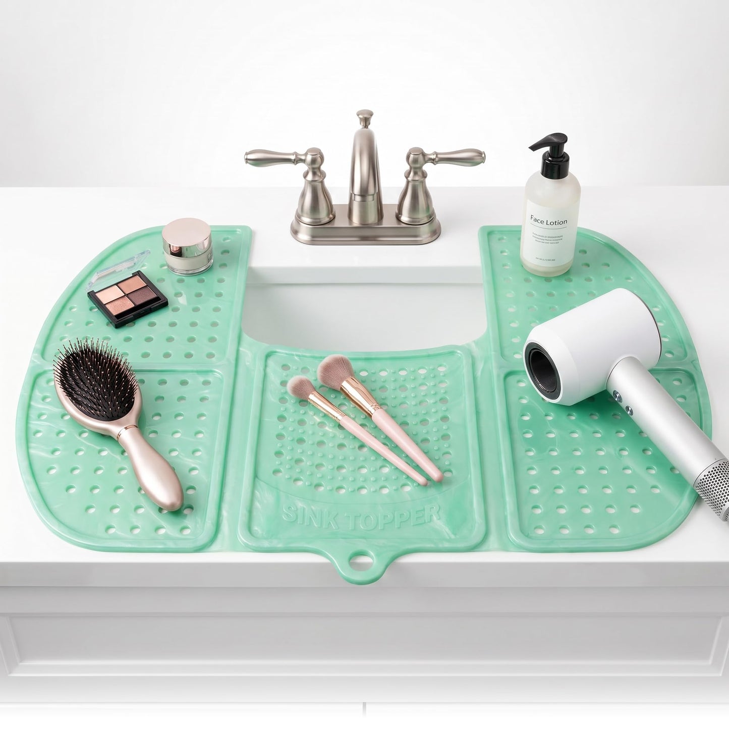 Sink Topper Bathroom Counter Cover & Storage Saver, Foldable Silicone Mat for Hot Tools, Hair Styling & Makeup, Beauty Brush Cleaning Mat, RV Camper Sink Cover & for Small Spaces (Large Green)