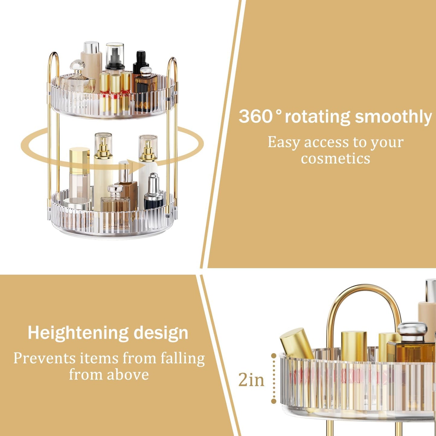 MOKANI 360 Rotating Makeup Organizer for Vanity, 2 Tier Adjustable Perfume Organizer for Dresser, Multi-Function Spinning Cosmetics Skincare Storage for Bedroom, Dresser, Countertop, Clear