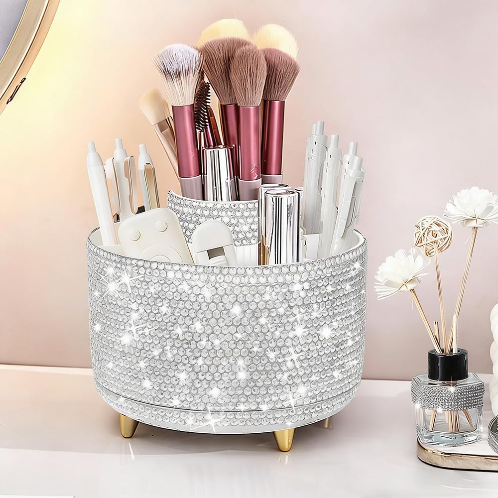 Bling Makeup Brush Holder,360° Rotating Makeup Brush Organizer,5 Slot Make up Brushes Cup for Cosmetics,Large Capacity,For Nail Polish, Art Supply, Bathroom Vanity,Cosmetics Organizer,Diamond White