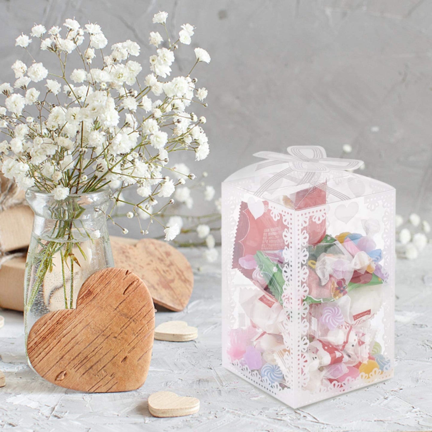 BENECREAT 24PCS 3.5x3.5x5.5 Clear Wedding Favour Boxes with Bowknot Pattern Rectangle PVC Transparent Gift Boxes for Candy Chocolate Valentine's Day, Festival Gift Wrapping