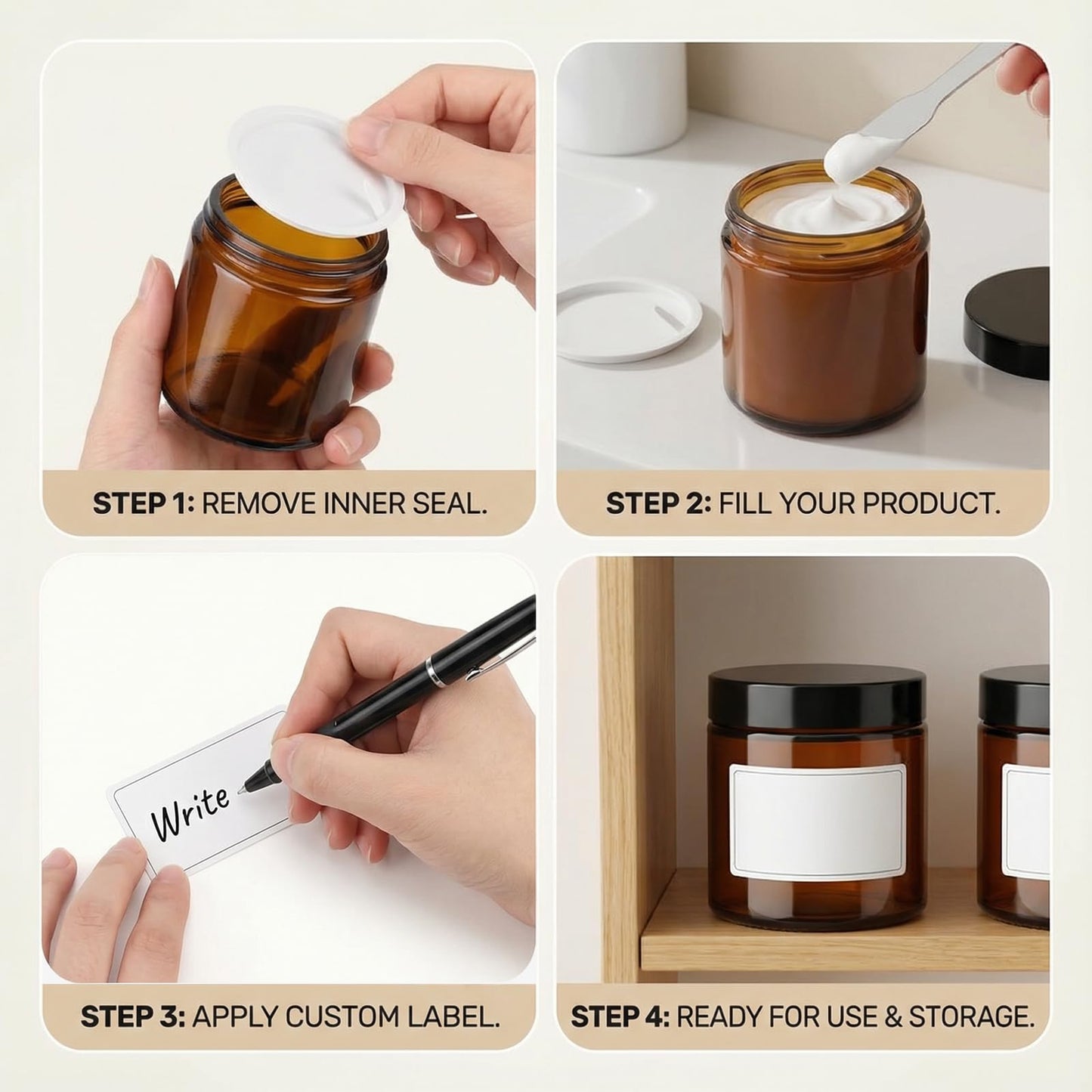 6oz Amber Glass Jars with Lids – 24 PCS Leak-Proof Cosmetic & Lotion Jars with Inner Liners,Small Travel Jars for Body Scrubs, Creams, Lip Balms, and DIY Projects –Airtight,Reusable（Amber）