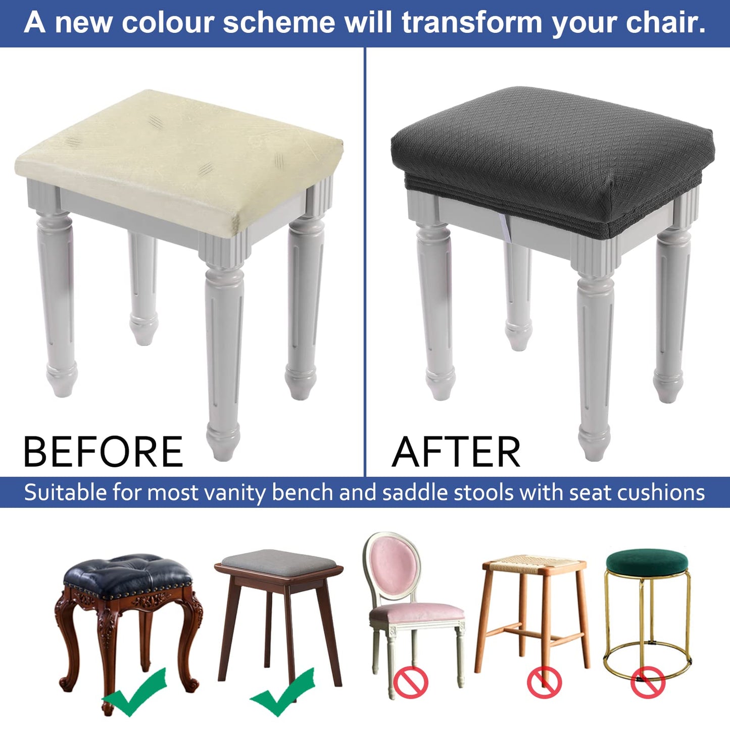 BUYUE Luxury Vanity Bench Stool Cover, (15"- 20") L x (11.8"- 15.7") W Rectangle Small Bench Stretch Jacquard Washable Slipcover (XS, Grey)