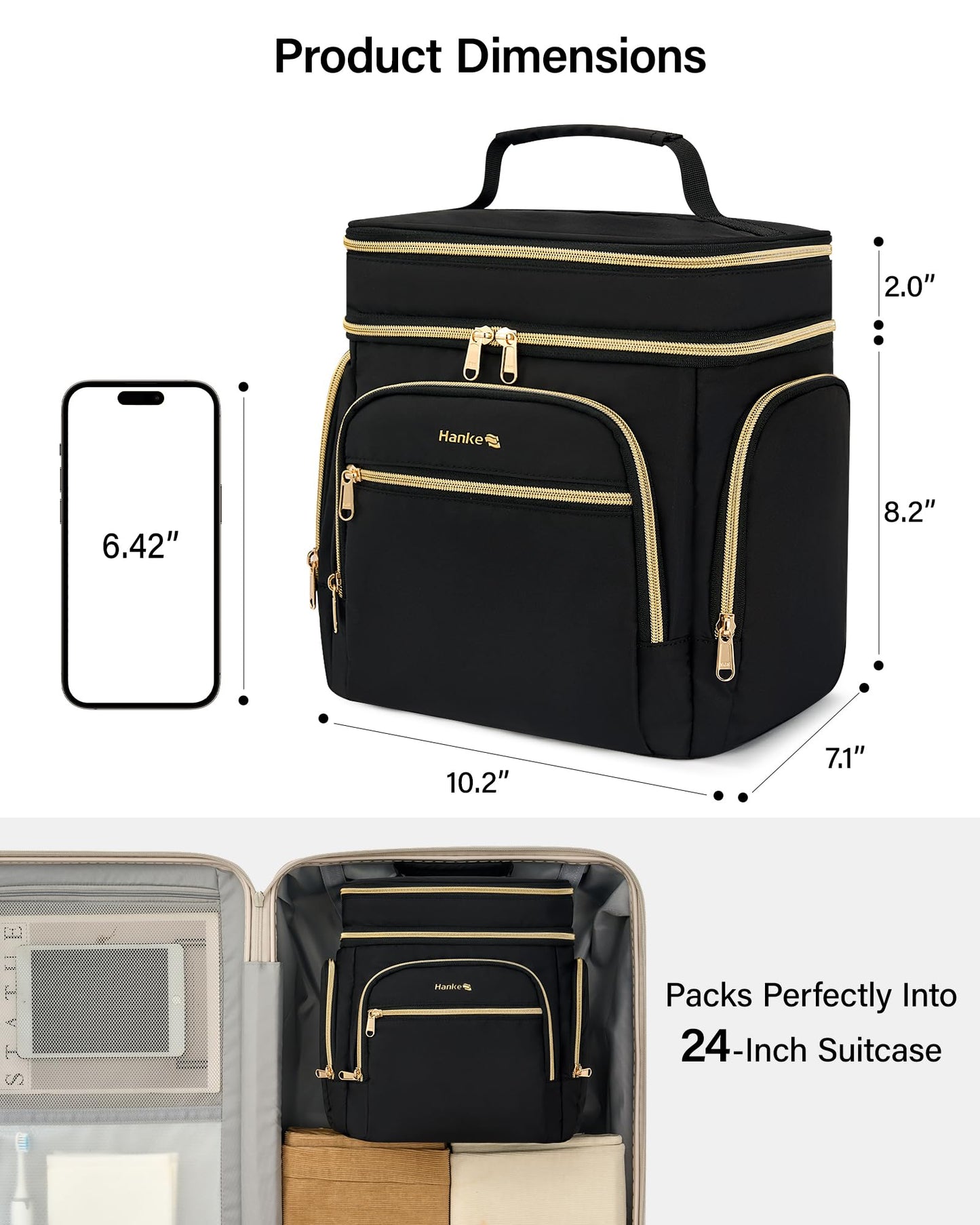 Hanke Large Toiletry Bag for Women Travel, Double Layer Organizer with Wide Opening for Full-Size Cosmetics & Toiletries, 12.2L Water-Resistant Makeup Bag,Black
