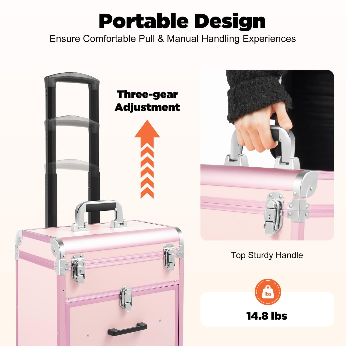 BGSHKAL Rolling Makeup Case with Drawer, Large Cosmetic Trolley with Lock 3 in 1 Rolling Makeup Train Case Cosmetology Trolley 3 Stage Telescopic Handle 4 Silent Swivel Castors 110.23 Lbs Capacity
