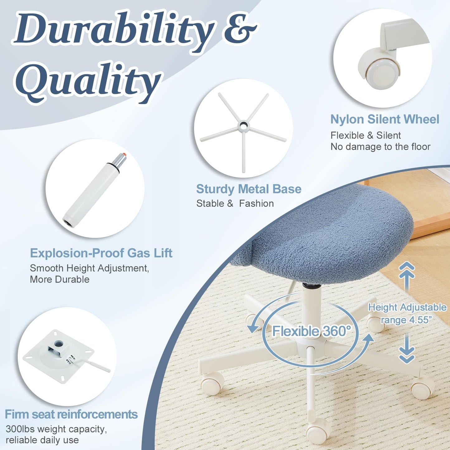 VINGLI Cute Candy Chair Armless Comfy Small Office Desk Vanity Chair with Wheels & Lumbar Support,Teddy Adjustable Rolling Swivel Computer Task Ch for Home Office,Bedroom,Fog Blue