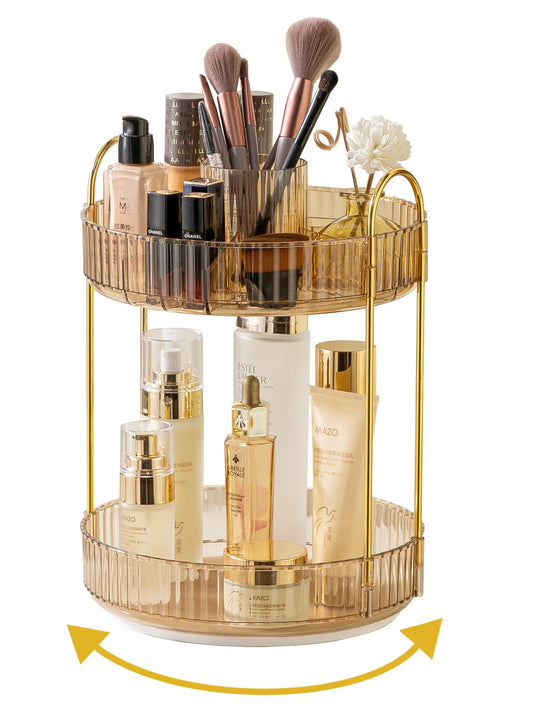 Asayuee 360 Rotating Makeup Organizer,2 Tier Large Capacity Make Up Organizers and Storage,Skincare Perfume Vanity Organizers,Bathroom Cosmetics Storage Organizer Countertop(Gold)