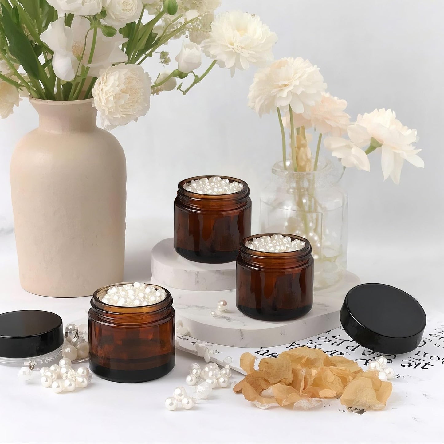 PetalPursuit 2oz Amber Glass Jars with Lids, 48 Pack Sample Containers for Storing Lotions, Moisturizers, Lip Balm and Cosmetics