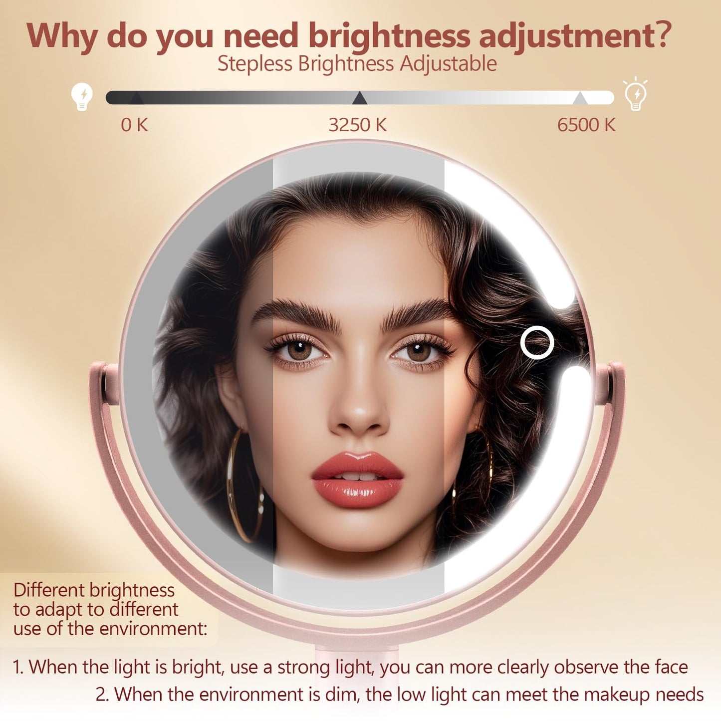 MIYADIVA Makeup Mirror with Lights,20X Magnifying Mirror with Light and Touch Switch, 2-Sided Vanity Mirror with 3 Colors and 80 LEDs, Metallic Rose Gold