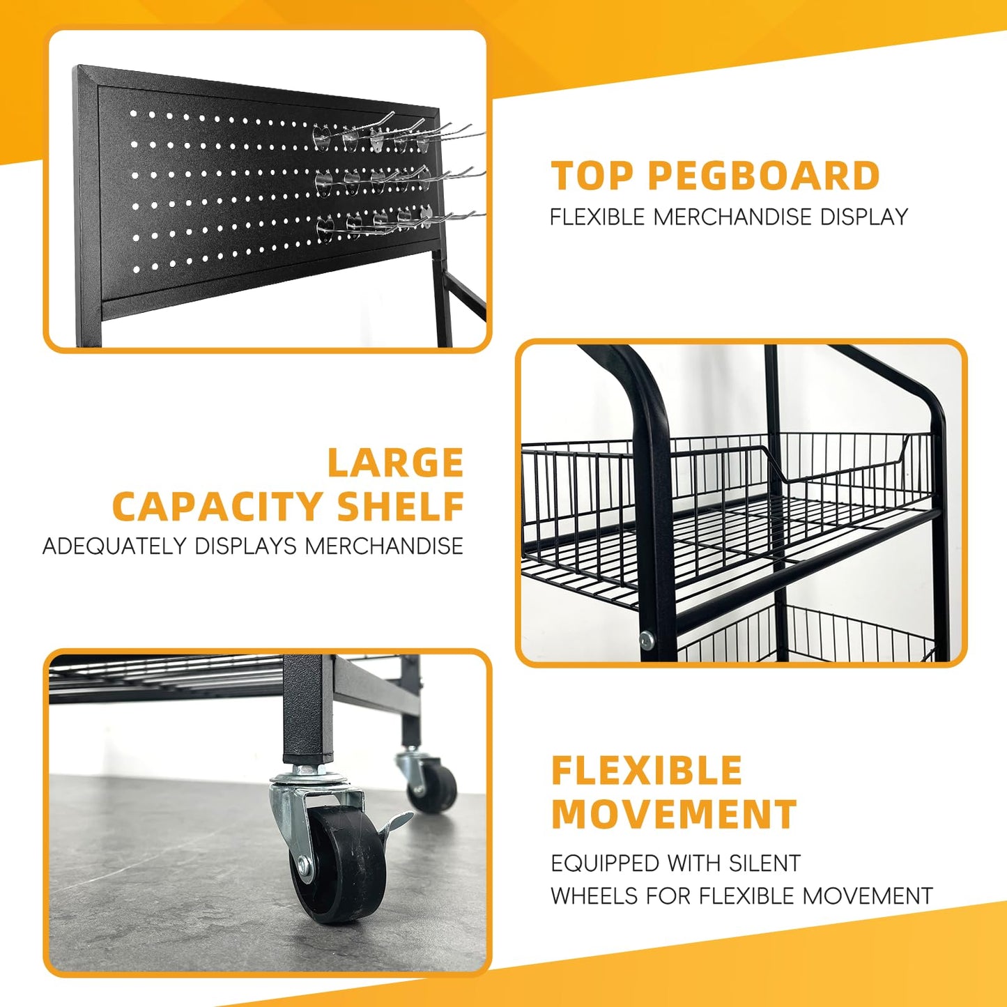 TONGMO 5 Tier Snack Rack Display Stand - Retail Display Shelves with Top Pegboard, 15 Hooks, Bakery Display Rack on Wheels for Easy Mobility and Organization (Black, 5‑Tier)