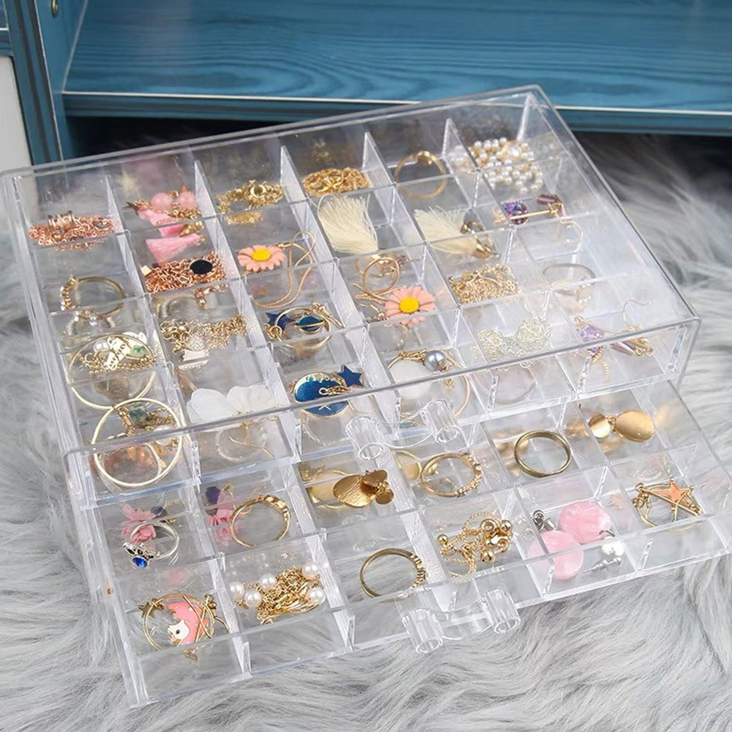 CLUQMEIK Earring Organizer Box Clear Storage Acrylic for Earrings Necklace Organizer Jewelry Box with 72 Grids Storage Compartments Transparent Ring Clear Jewelry Organizer