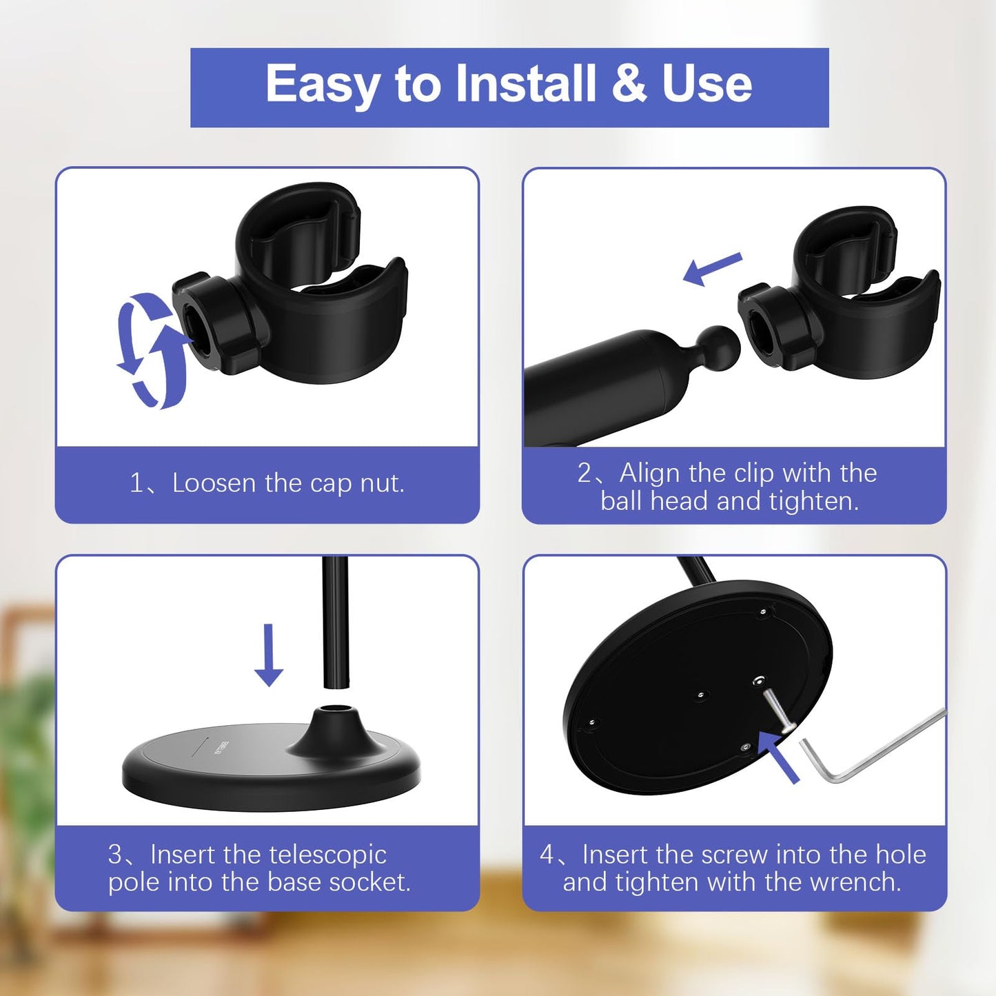 SENWELL-KA Hair Dryer Stand with 360 Rotating Head, Hands Free, Large Hook,Heavy Duty Base, Adjustable Height, TPU Padded Clip, Aluminum Alloy Holder for Home or Salon (Black)