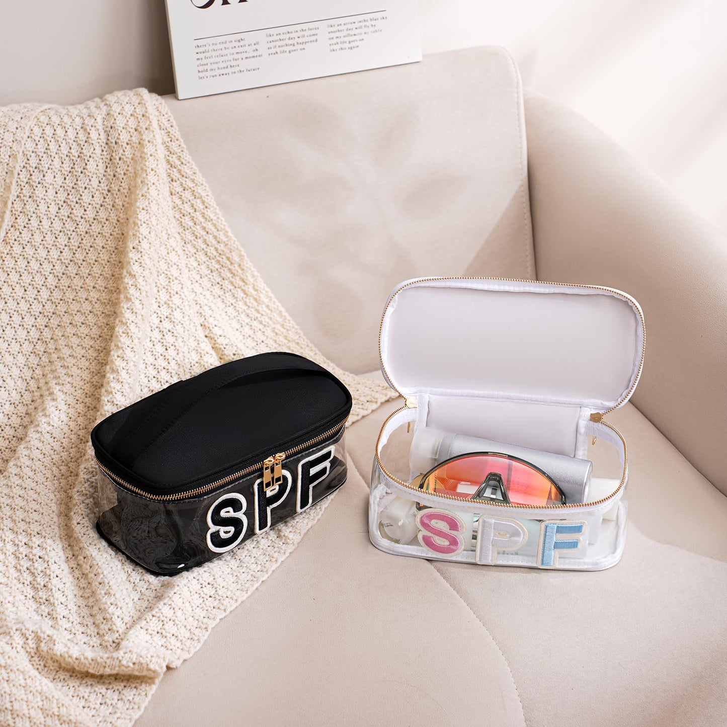 RSRSLEII Clear Waterproof Summer SPF Makeup Bag，Aesthetic Transparent Letter Patch Cosmetic Bag with Metal Zipper, Preppy Sunscreen Accessories Storage Organization, Beach Travel Purse(06SPF White)