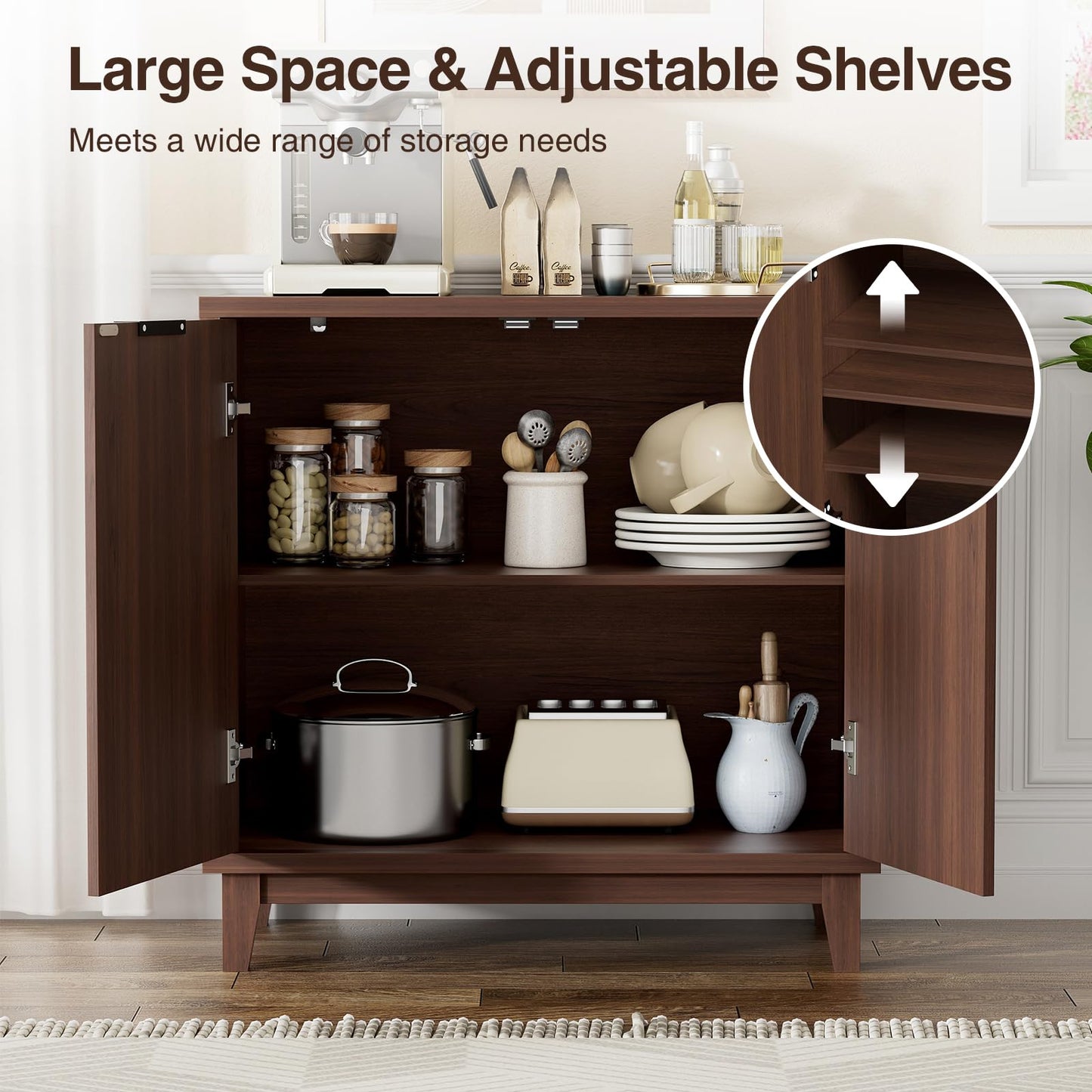 Fluted Cabinet with Storage, 2 Doors Sideboard Buffet, Mid Century Modern Accent Cabinet with Adjustable Shelves, Multifunctional Console Table with Storage for Living Room, Kitchen, Entryway