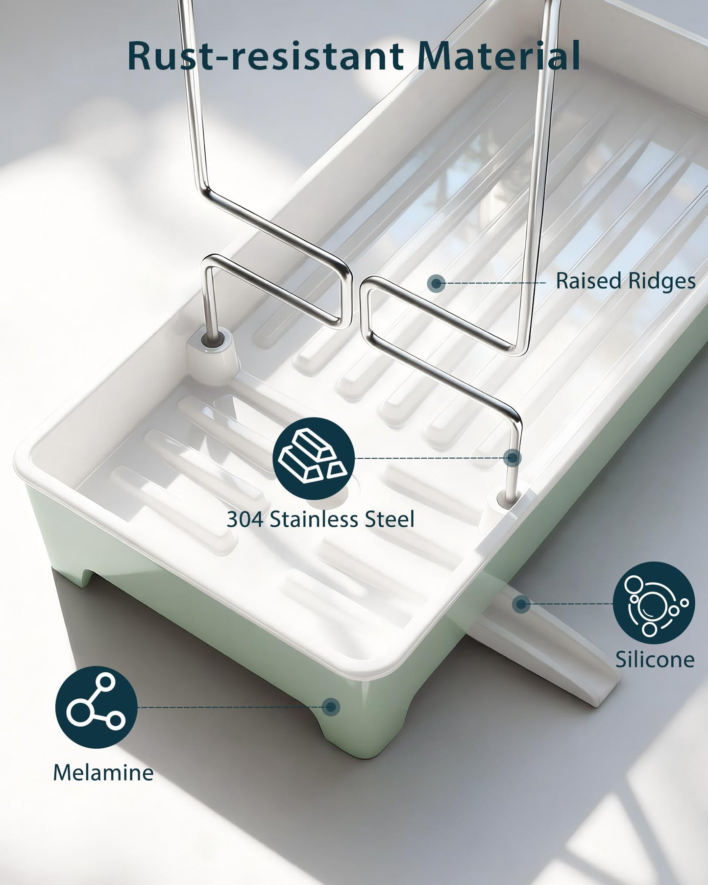 Caumic Minimalist Sink Caddy, Rustproof Sponge Holder for Kitchen Sink with 304 Stainless-Steel Brush Holder, Countertop Rack Organizer with Raised Ridges & Silicone Drain Tube (Mint Green, Large)