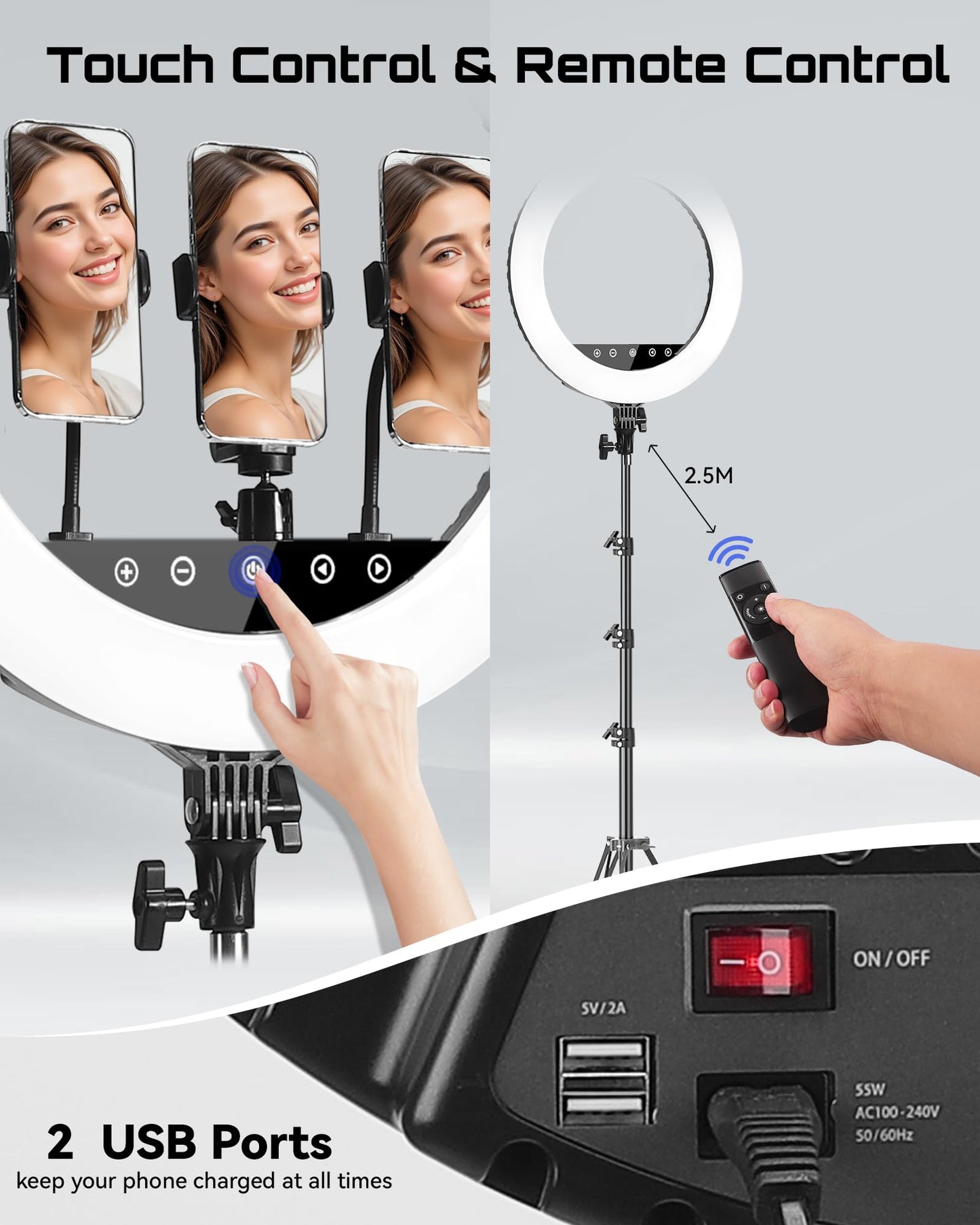 18" LED Ring Light with Tripod Stand, Professional Dimmable Ring Light Kit