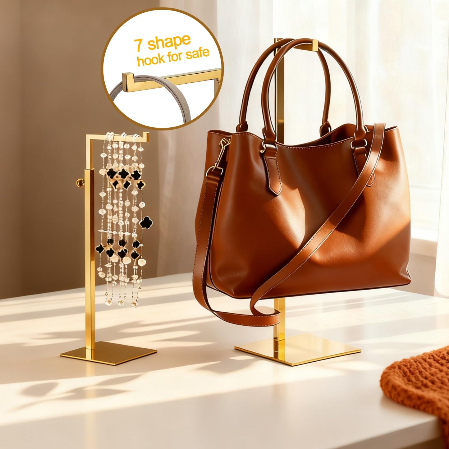 K KAIDIYIN Gold Purse Display Stand, 2 Pack Handbag Display Stand Adjustable Height Stainless Steel Stability Non-slip Base,22lbs Large Bags Display Rack Luxury Purse Holder for Table Retail Closet