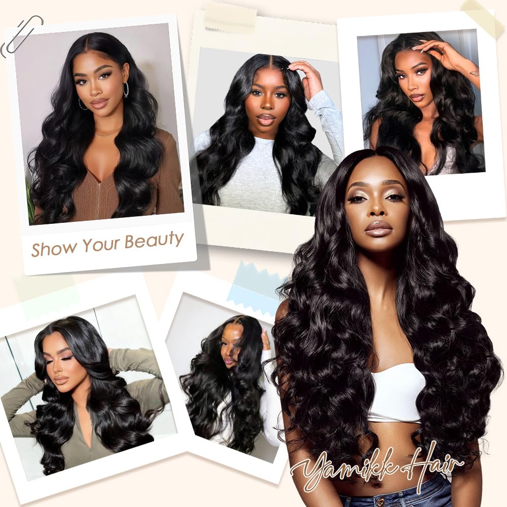 Yamikk 13x6 Body Wave Lace Front Wigs Human Hair Pre Plucked Pre Bleached 180 Density Soft Human Hair Wigs For Women 28 Inch HD Lace Frontal Wig With Baby Hair
