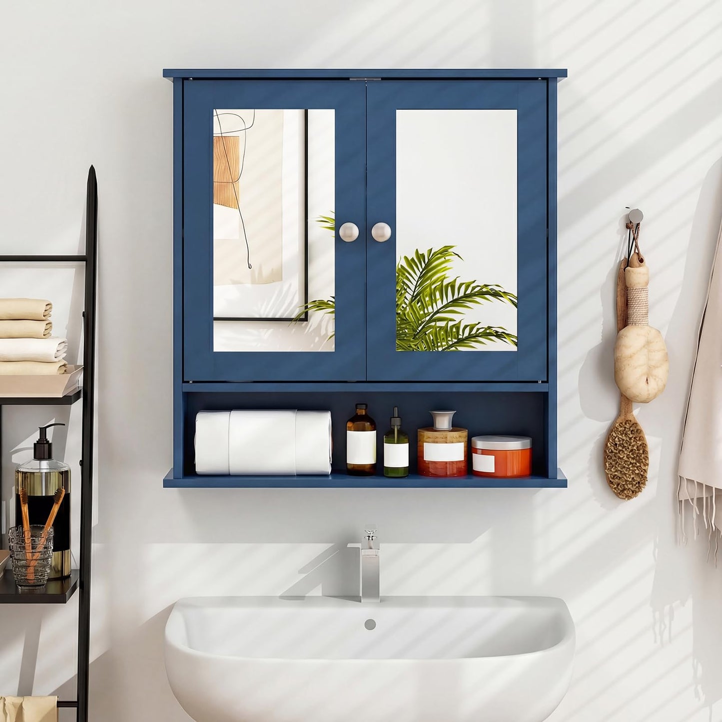 Tangkula Bathroom Medicine Cabinet with Mirror, Wall Mounted Wooden Hanging Organizer with Doors and Shelves, Bathroom Wall Mirror Cabinet (Mirror Doors, Blue)