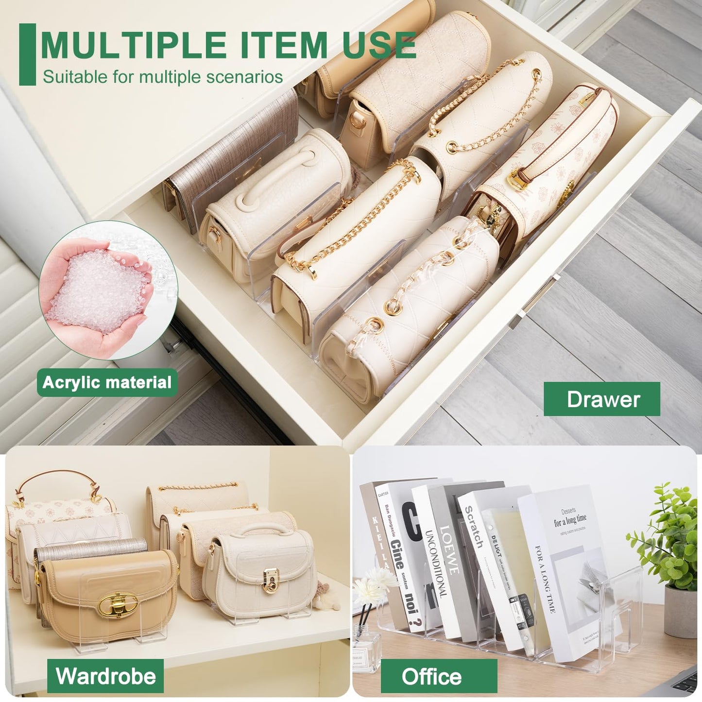 AMZABBY 2 Pack Acrylic Purse Organizer for Closet, 8-Slot Bag & Purse Organizer, No Assembly, Clear Handbag Storage Shelf .for Shelf Divider Handbags, Clothes, Sweater