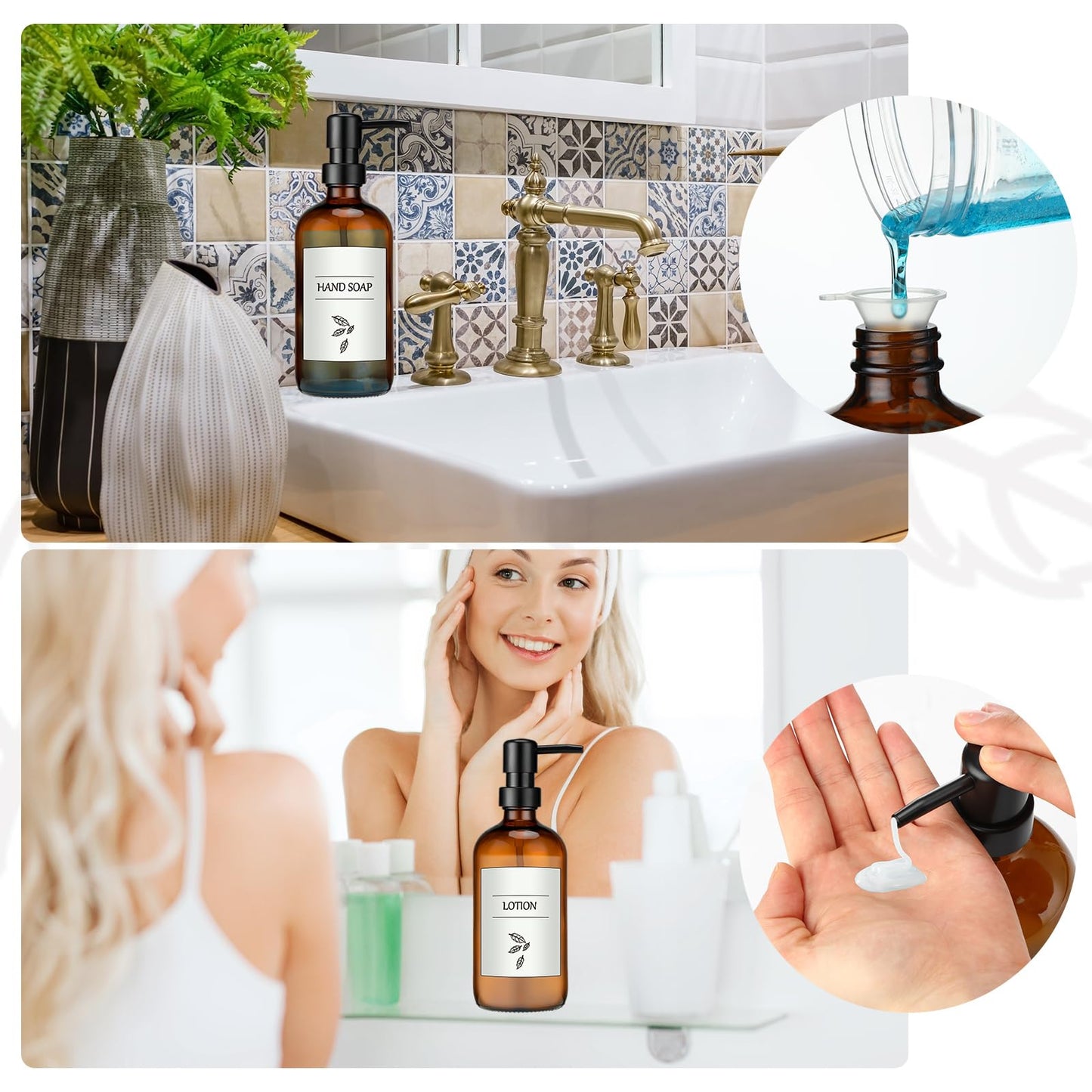 Maxcheck 6 Pack 16 oz Amber Glass Soap Dispenser Bathroom Hand Soap Dispenser with Pump with 16 Pcs Waterproof Labels Funnel Dish Liquid Bottle for Kitchen Bathroom(Plastic)
