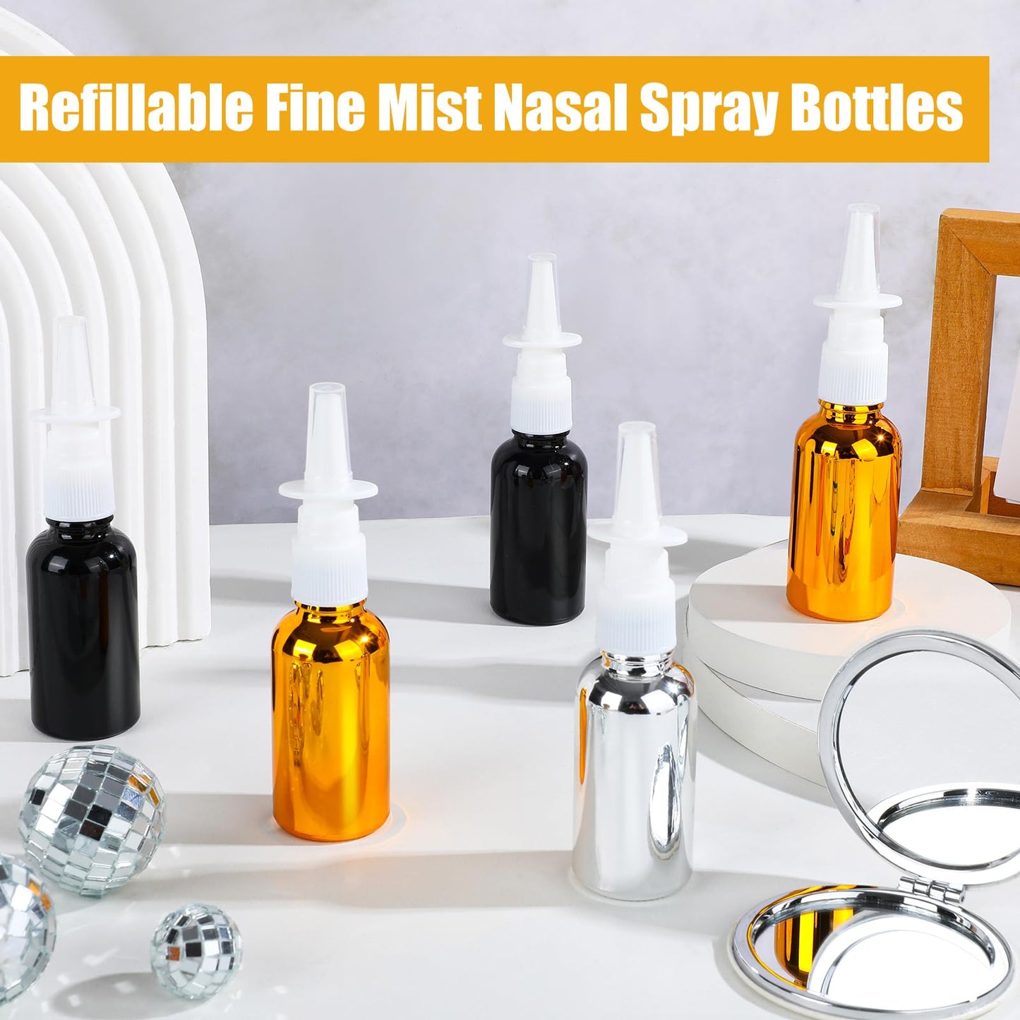 ZHWKMYP 20 Pcs Nasal Spray Bottle, 30ML/1OZ 12 Pcs Bright Plating Gold Silvery Black Empty Refillable Glass Nose Spray Bottle with 4 Funnels and 4 Labels