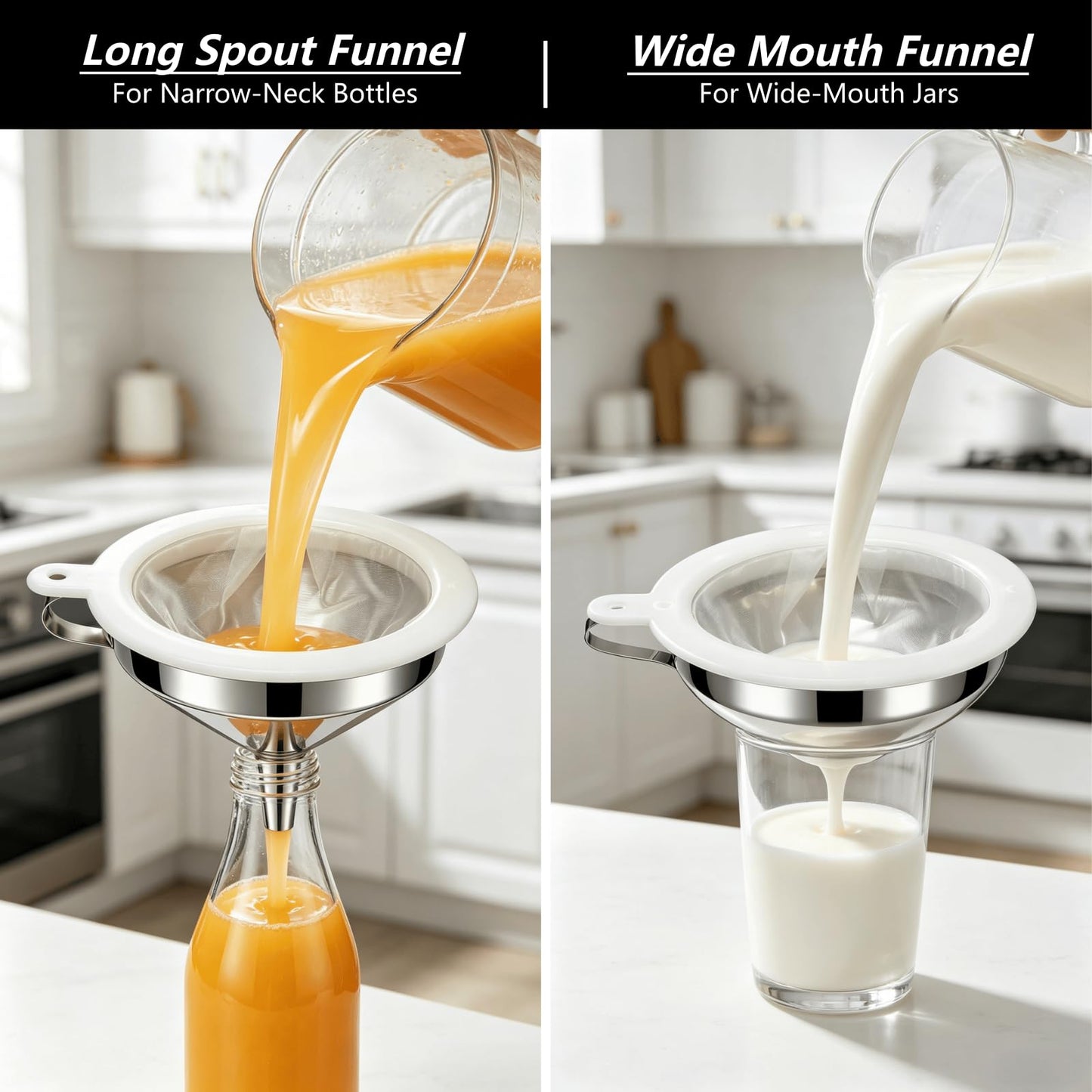 SWJLR Stainless Steel 2 Pack Funnel Set Long Spout Funnel for Narrow Neck Bottles (Oil, Sauce) Wide Mouth Funnel for Mason Jars, Canning with 200μm Fine Mesh Strainer & Removable Filters (Large Set)