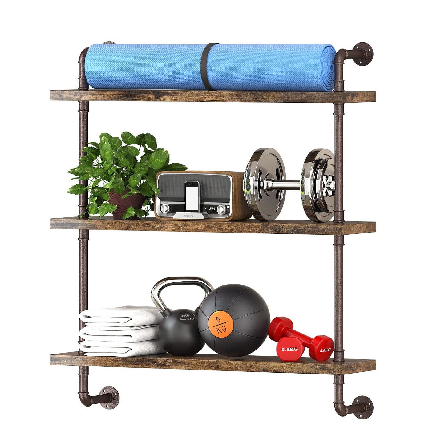 Helsin 3 Tier Industrial Pipe Shelf Rustic Wood Floating Wall Display Bookshelf Storage Rack Sundries Holder for Kitchen Office Bathroom Organization and Home Decor (32 Inch)