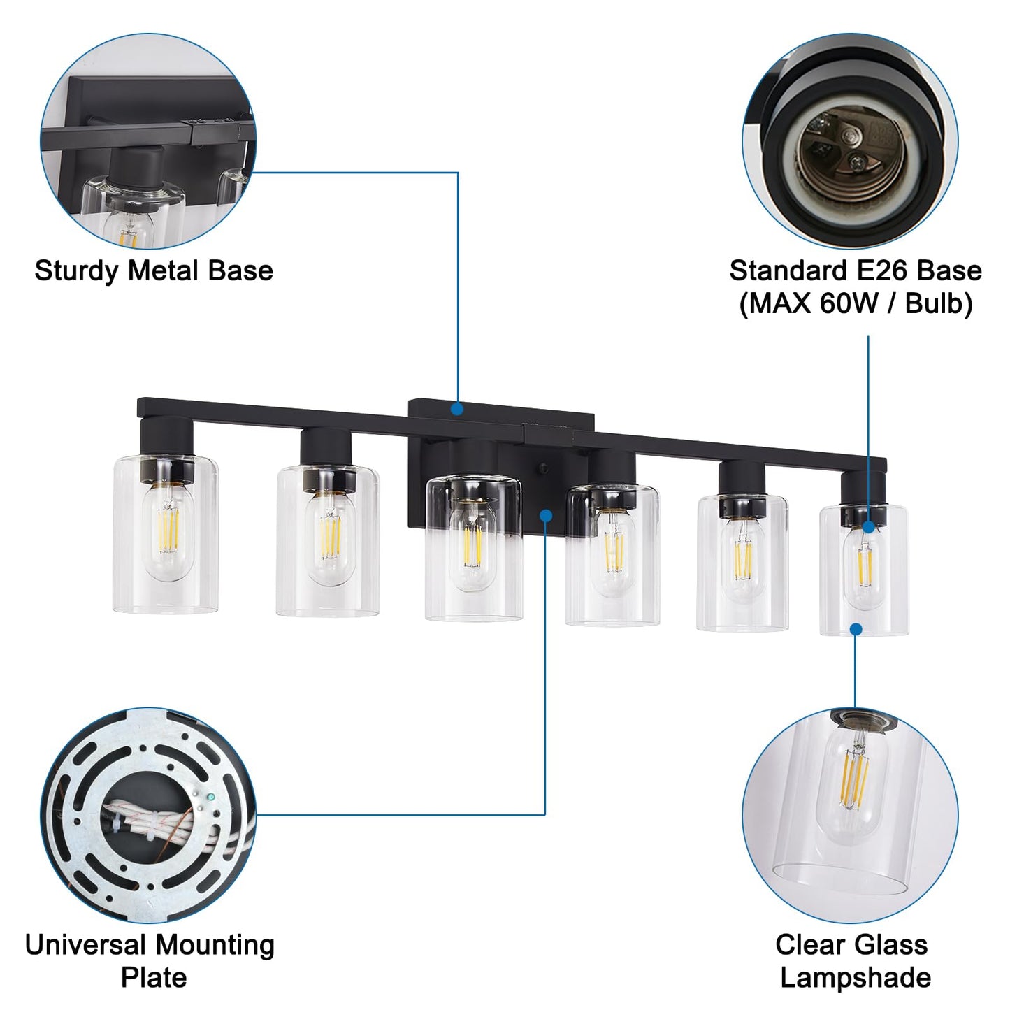 Black Bathroom Light Fixtures, 6-Light Bathroom Lighting Fixtures Over Mirror with Clear Glass Shade, Matte Black Vanity Lights, 6 Light Count Large Vanity Light Fixture for Bath, Mirror,Wall Sconce