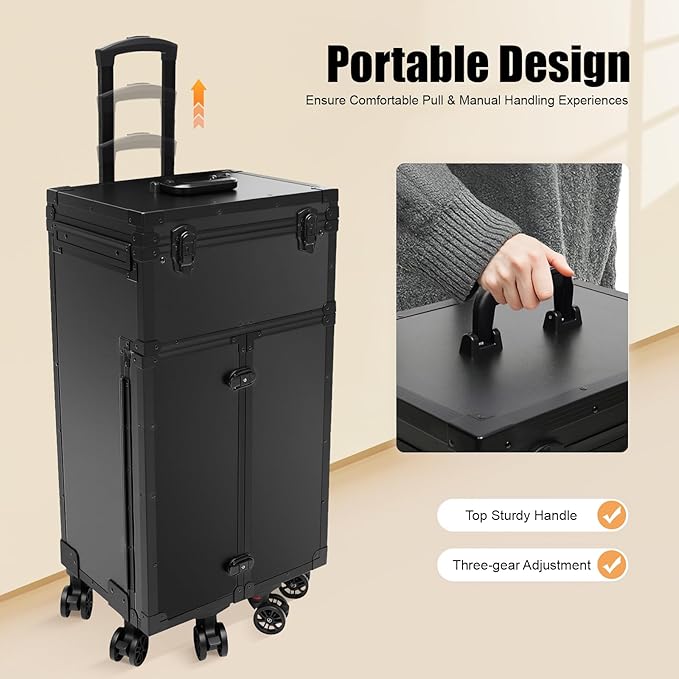 Professional Rolling Makeup Case 4 Drawers Pro Artist Cosmetic Train Cases Hairstylist Travel Case with Multiple Compartments & Hair Dryer Holder