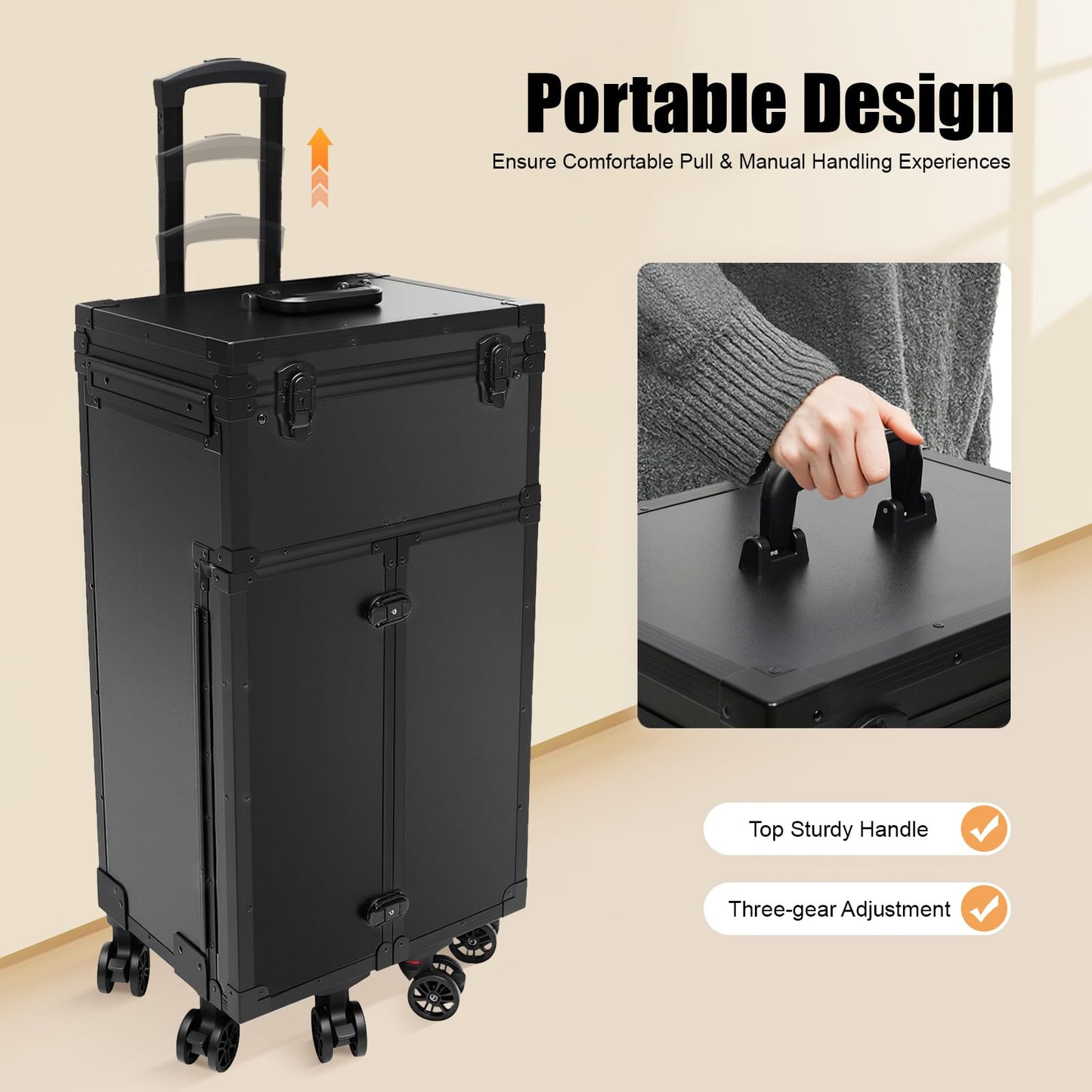 DingYiHanHan Professional Rolling Makeup Case 4 Drawers Makeup Artist Cosmetic Train Case Hairstylist Travel Case Portable Make Up Station with Multiple Compartments Extra Large Black