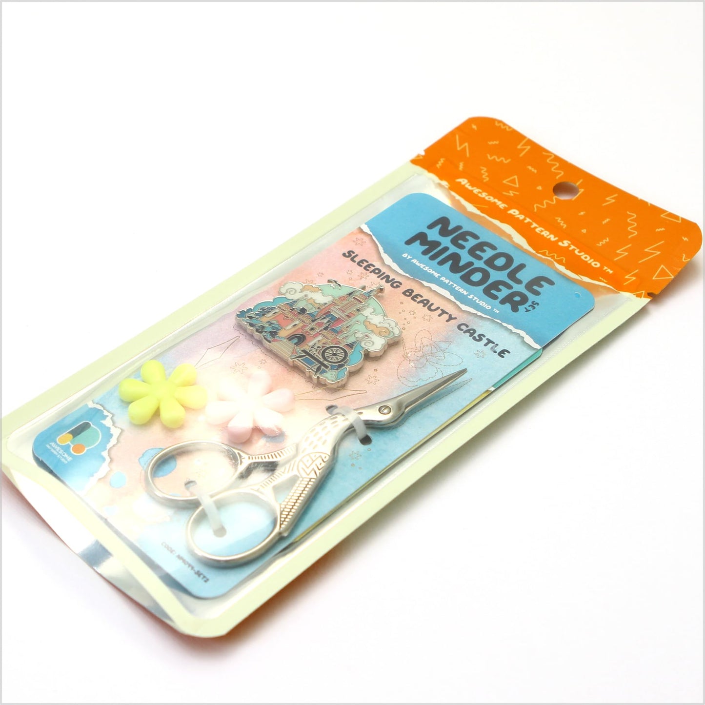 Awesome Pattern Studio Sleeping Beauty Castle Magnetic Needle Minder + 2 Needle Threaders + Crane Scissors. Enamel Pin for Cross Stitch, Embroidery and Craft