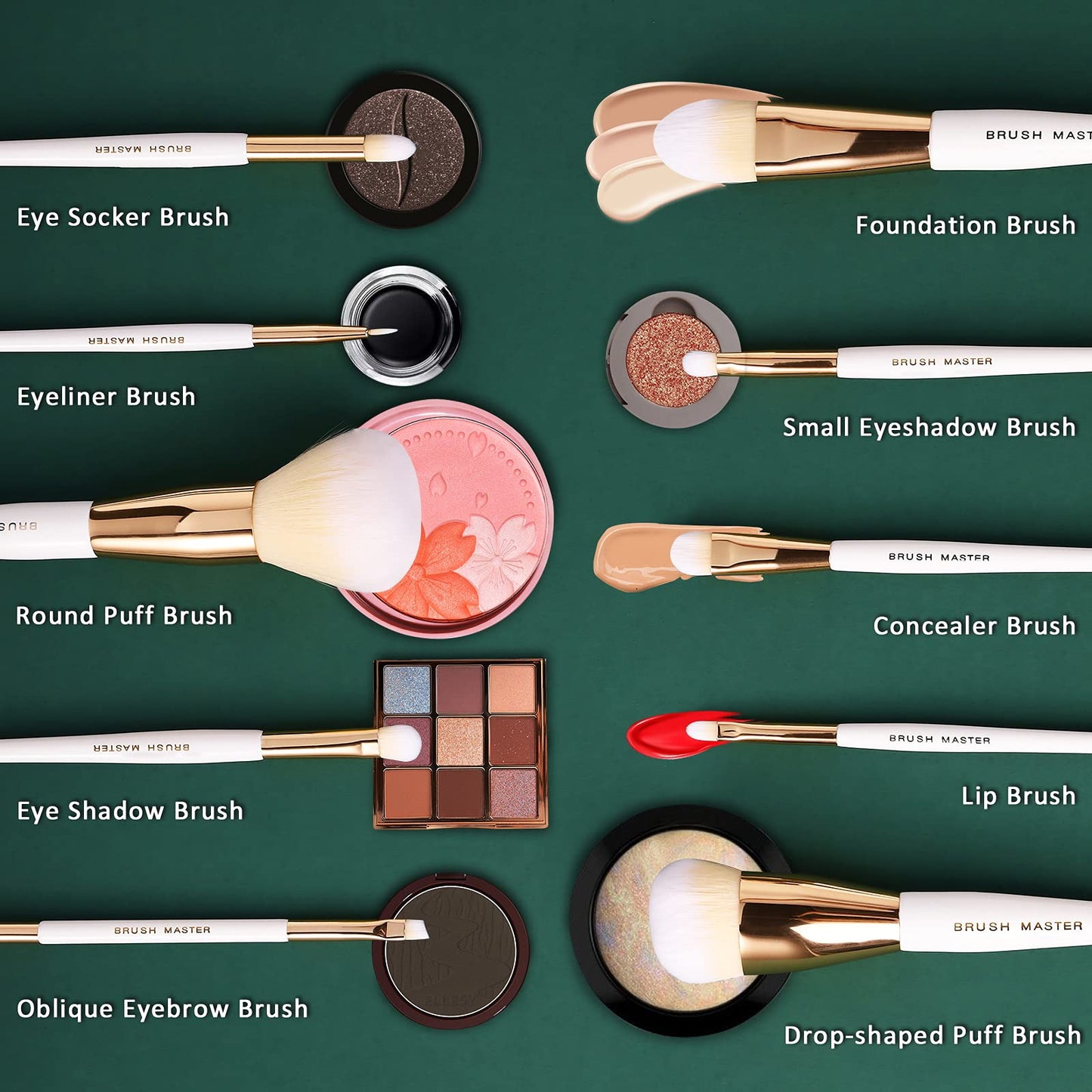 Brush Master Makeup Brushes Set 10Pcs Professional Kabuki Foundation Eyeshadow Blush Blending Lip Full Face Cosmetic Kit W/Makeup Brush Set with Holder