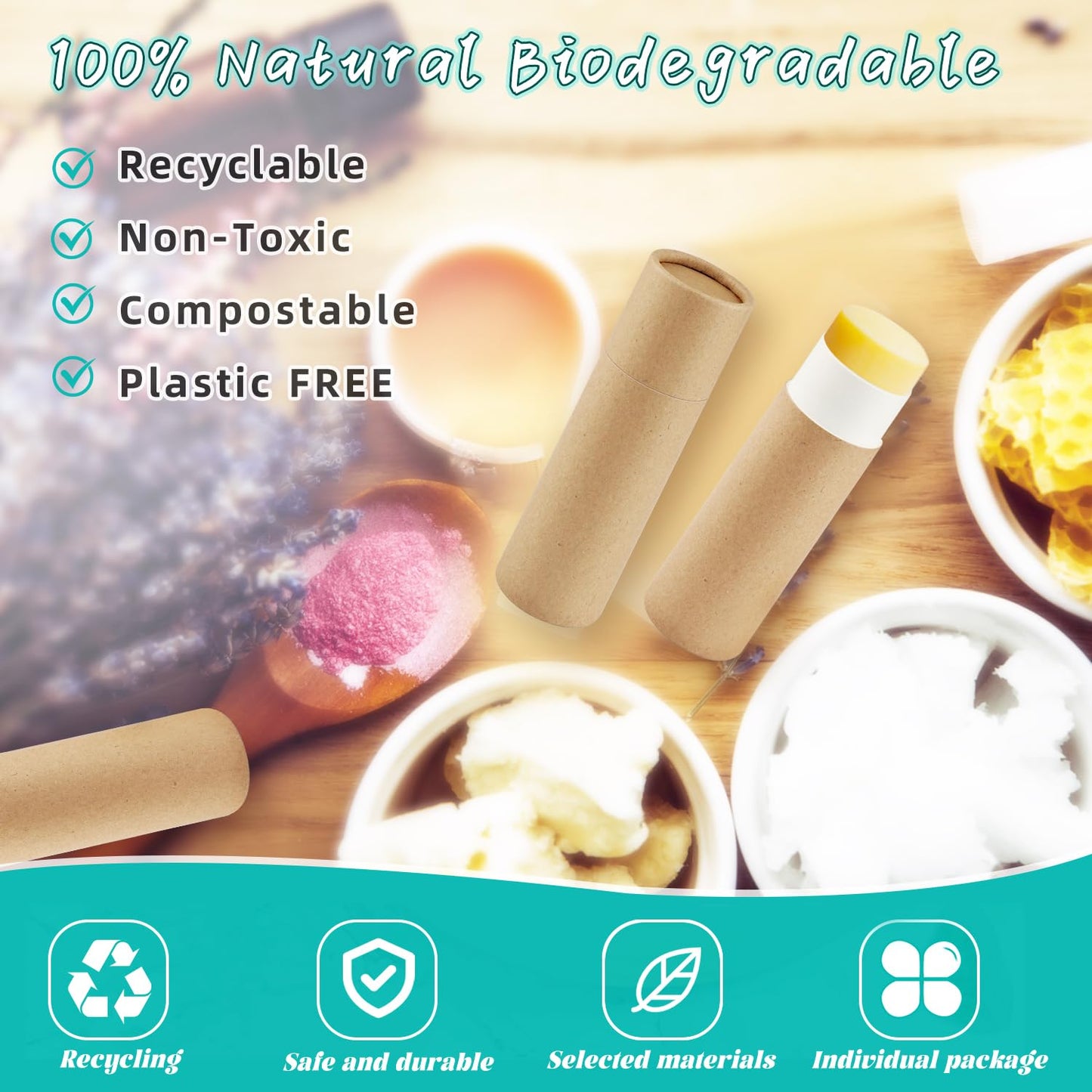 DMuuuDM 50 Pcs 0.3 oz Paperboard Lip Balm Tube,Empty Kraft Paper Chapstick Tube Holder,Push-Up Style Biodegradable Solid Perfume Lip Gloss Container for Lip Balm,Natural Compostable Container - Brown