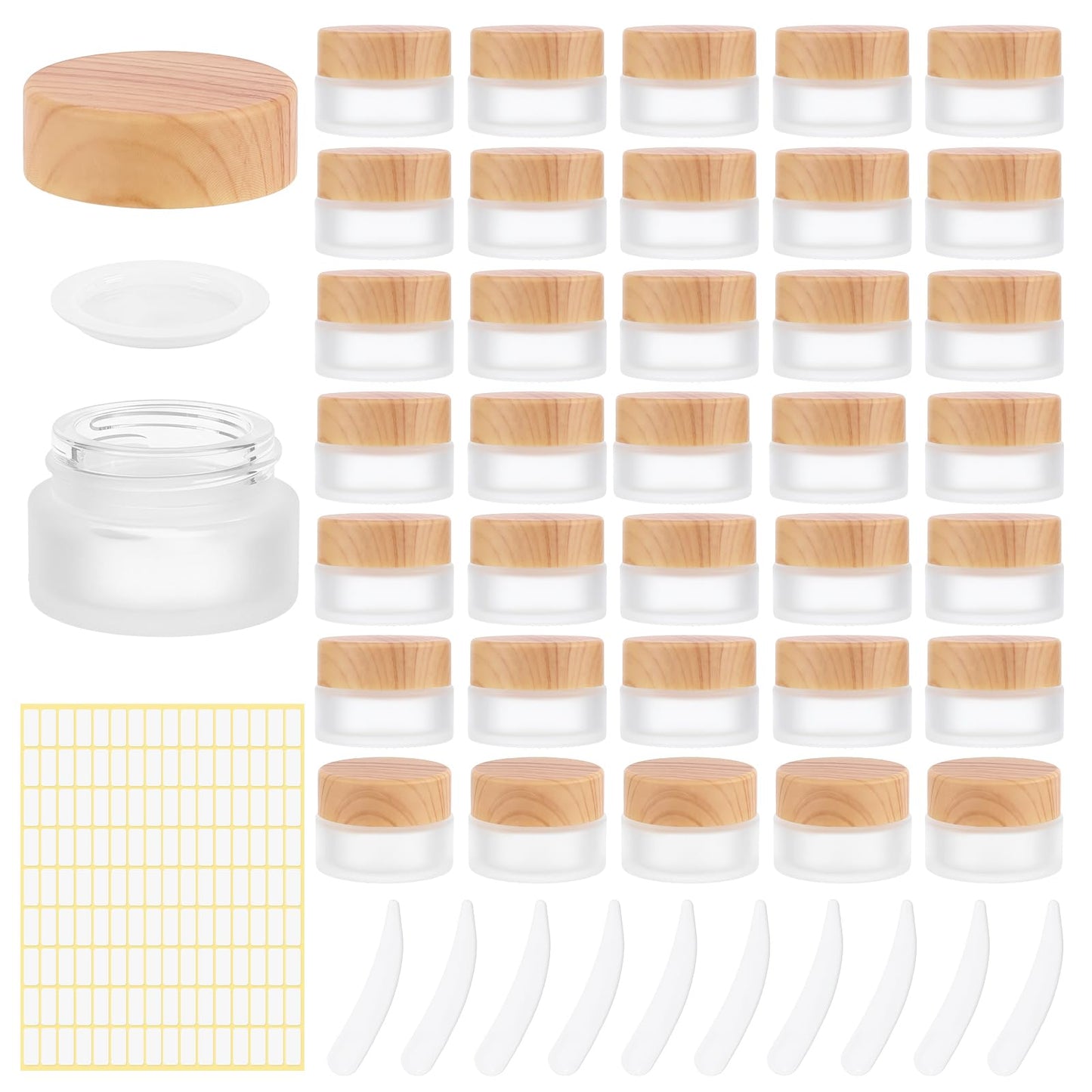 INTERWARM 36 Pcs Glass Cosmetic Containers, Frosted Cosmetic Jars with Scoop and Sticker 0.17 OZ Makeup Sample Containers for Makeup Lotion Lip Balm Eye Cream(White)