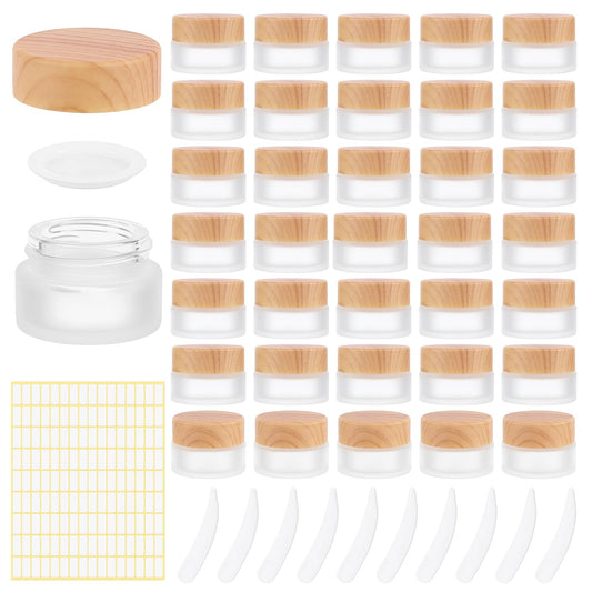 INTERWARM 36 Pcs Glass Cosmetic Containers, Frosted Cosmetic Jars with Scoop and Sticker 0.17 OZ Makeup Sample Containers for Makeup Lotion Lip Balm Eye Cream(White)