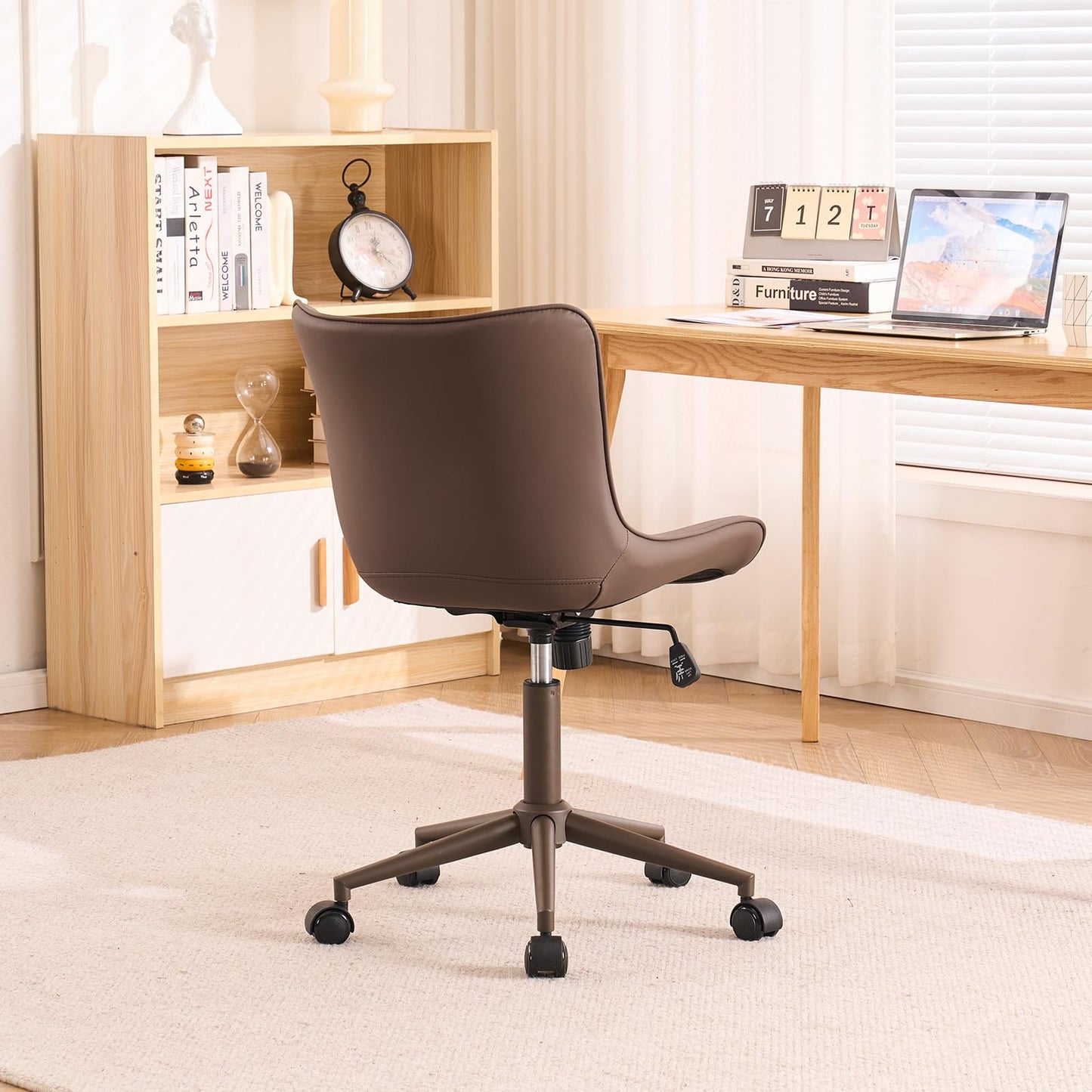 YOUTASTE Armless Office Desk Chair with Wheels, Adjustable Swivel Vanity Chair, PU Leather Upholstered, Ergonomic Back Support, Modern All Brown Computer Chair for Home Office, Bedroom, Study
